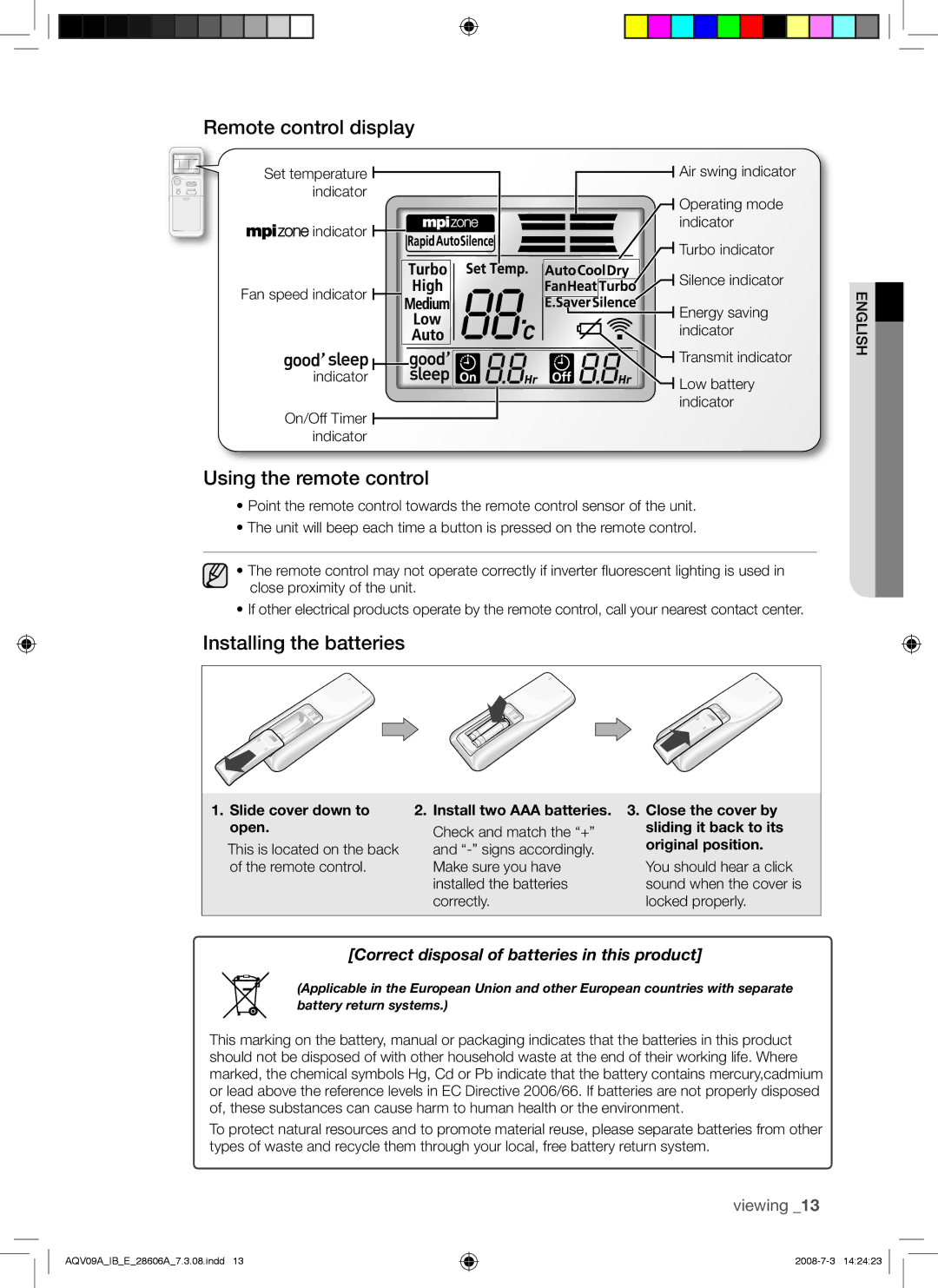 Samsung AQV12ABAX, AQV12ABAN, AQV12ASAN manual Remote control display, Using the remote control, Installing the batteries 