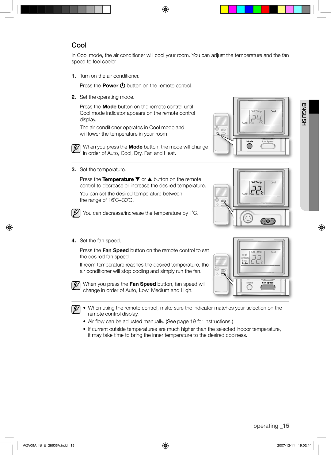 Samsung AQV12ASAN, AQV12ABAX, AQV12ABAN manual Cool 