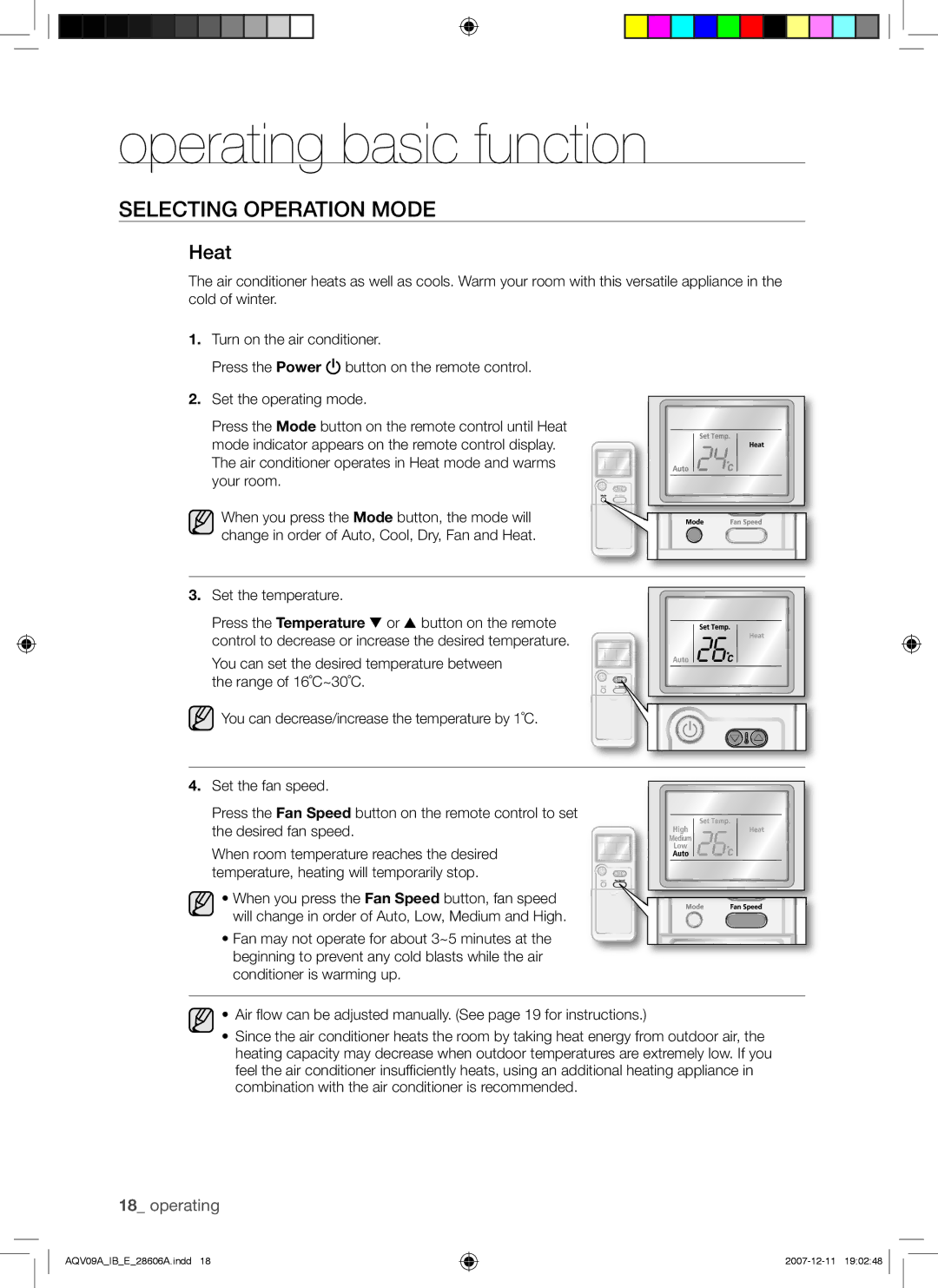 Samsung AQV12ASAN, AQV12ABAX, AQV12ABAN manual Heat 