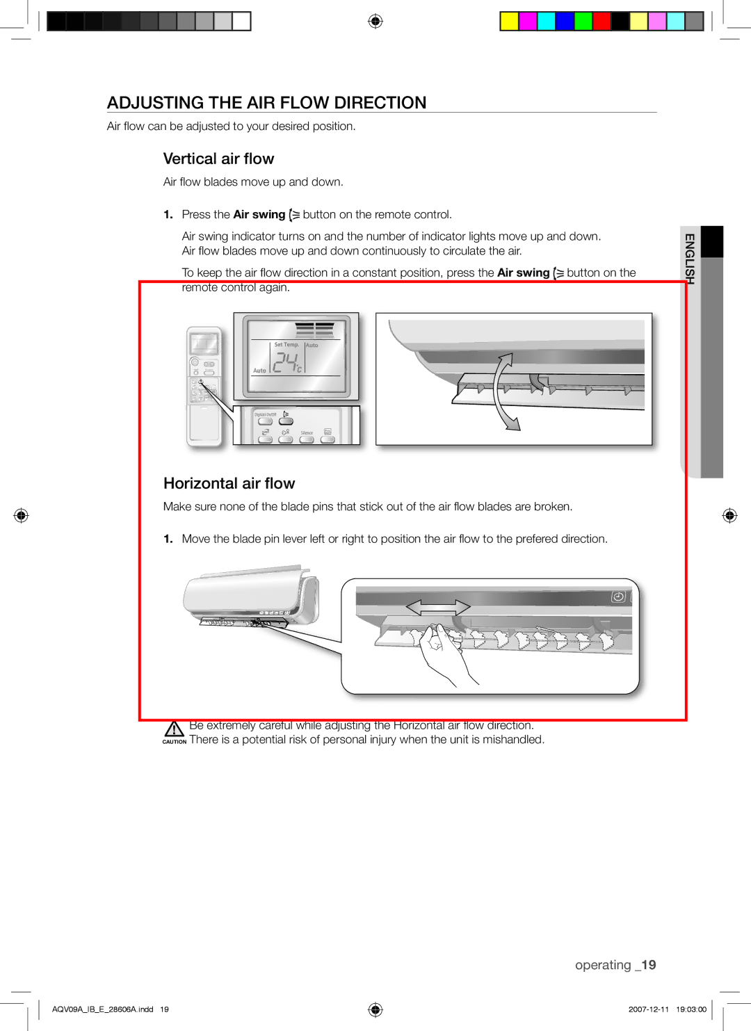 Samsung AQV12ABAX, AQV12ABAN, AQV12ASAN manual Adjusting the AIR Flow Direction, Vertical air flow, Horizontal air flow 