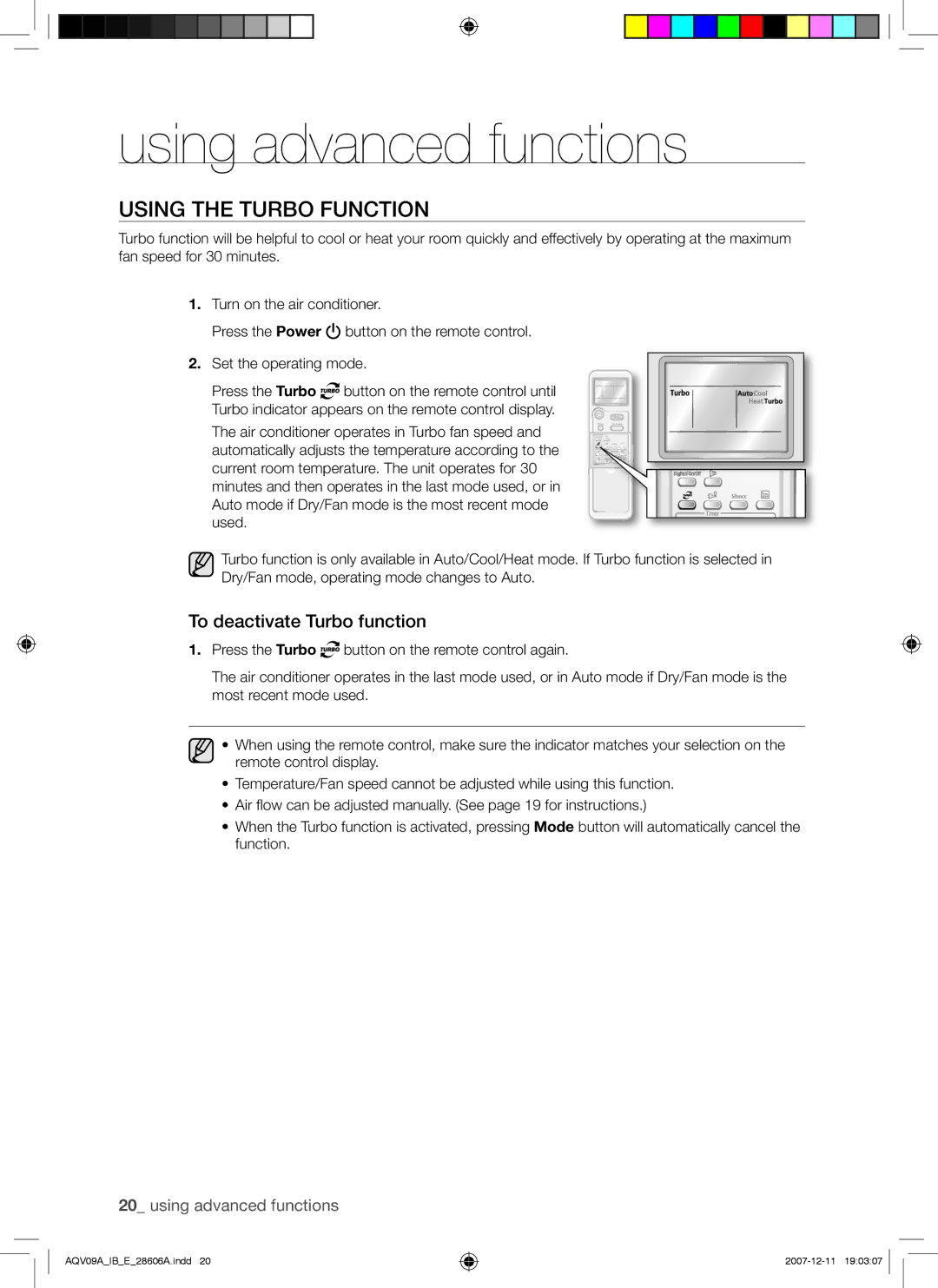 Samsung AQV12ABAN, AQV12ABAX, AQV12ASAN Using advanced functions, Using the Turbo Function, To deactivate Turbo function 