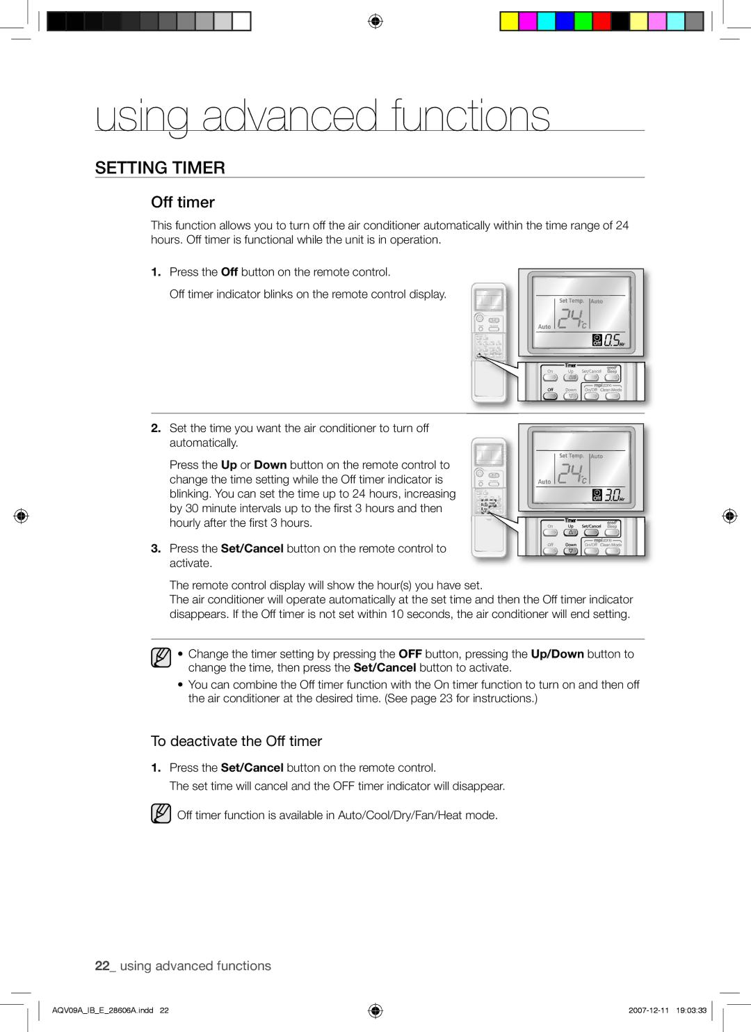 Samsung AQV12ABAX, AQV12ABAN, AQV12ASAN manual Setting Timer, To deactivate the Off timer 