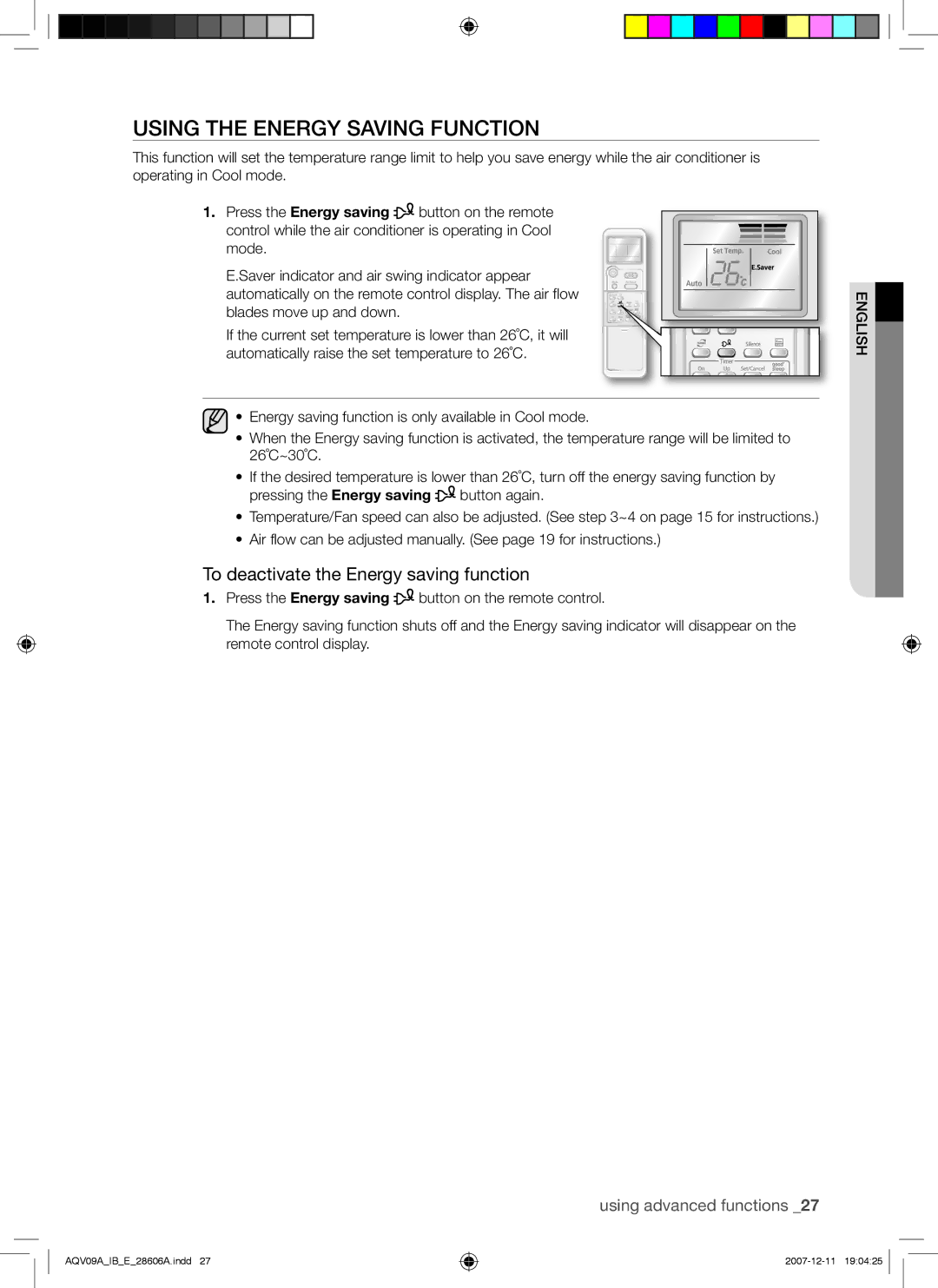 Samsung AQV12ASAN, AQV12ABAX, AQV12ABAN manual Using the Energy Saving Function, To deactivate the Energy saving function 