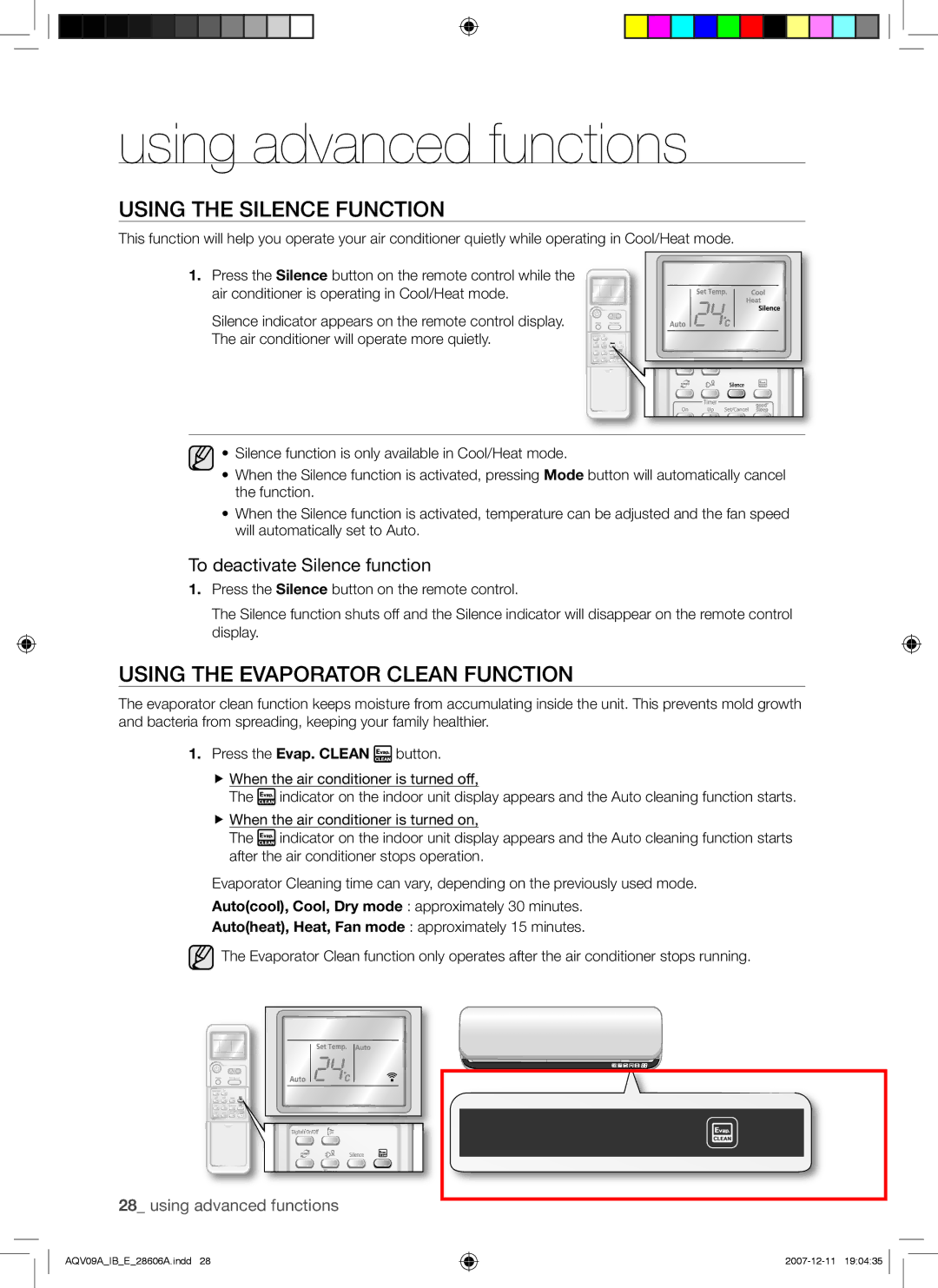 Samsung AQV12ABAX manual Using the Silence Function, Using the Evaporator Clean Function, To deactivate Silence function 