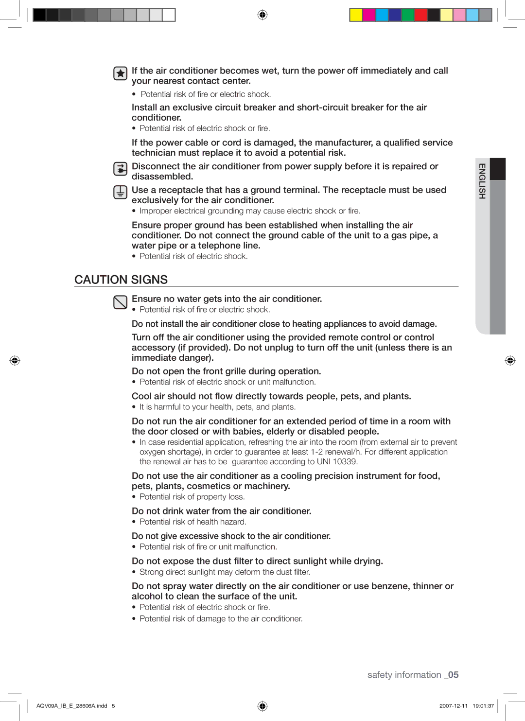 Samsung AQV12ABAN, AQV12ABAX, AQV12ASAN manual Ensure no water gets into the air conditioner 