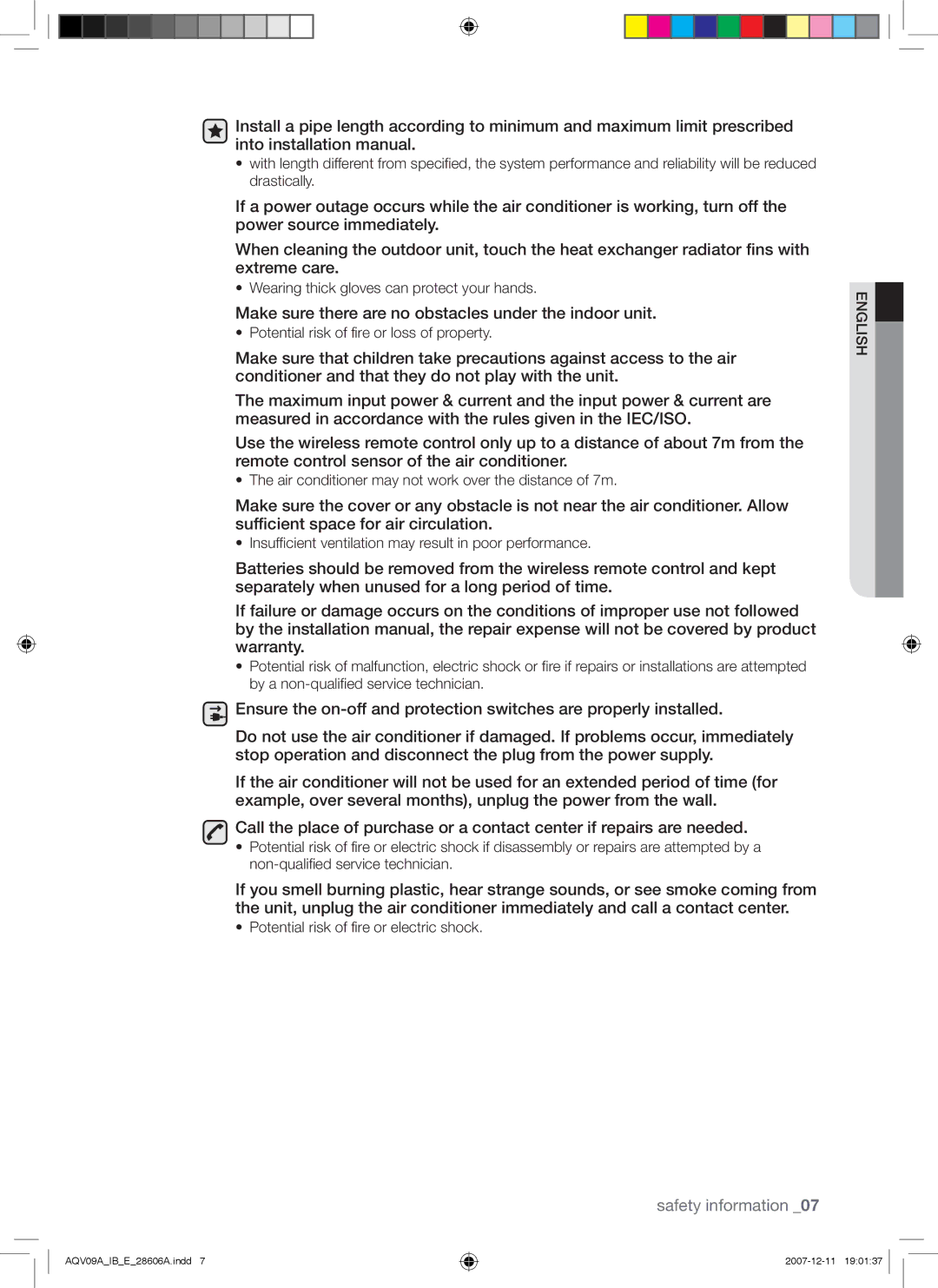 Samsung AQV12ABAX, AQV12ABAN, AQV12ASAN manual Make sure there are no obstacles under the indoor unit 