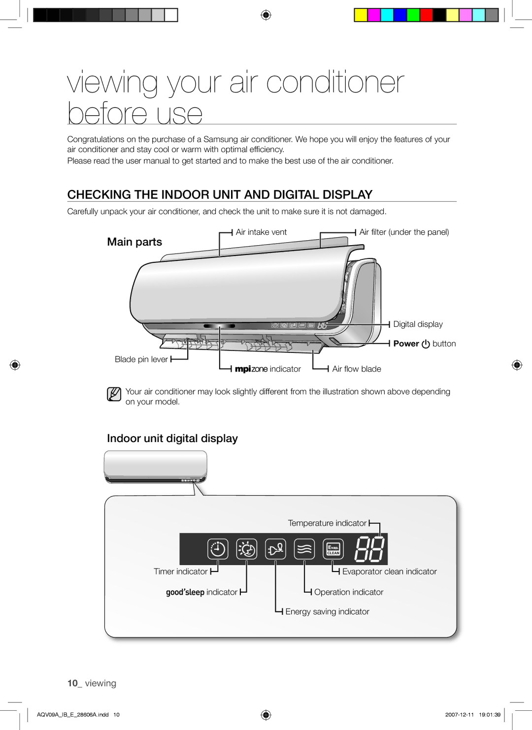 Samsung AQV12ABAX manual Viewing your air conditioner before use, Checking the Indoor Unit and Digital Display, Main parts 