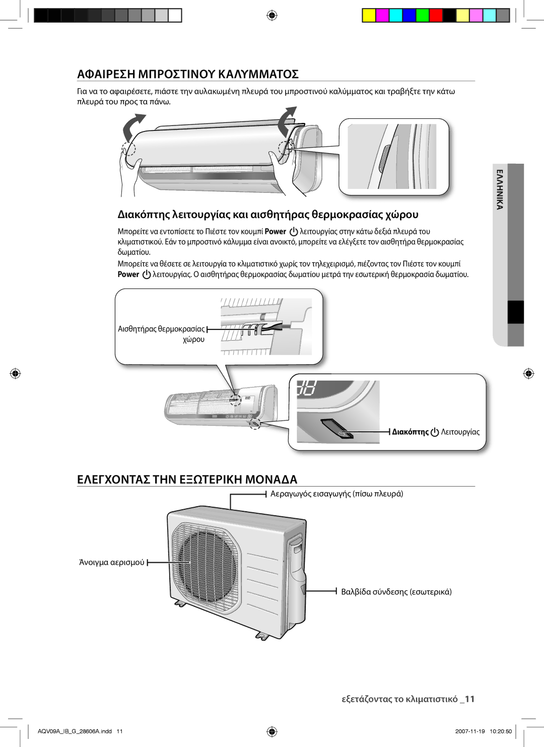 Samsung AQV09AWAN, AQV12AWAX, AQV09AWAX, AQV12AWAN, AQV09VBCN Αφαιρεση Μπροστινου Καλυμματοσ, Ελεγχοντασ ΤΗΝ Εξωτερικη Μοναδα 