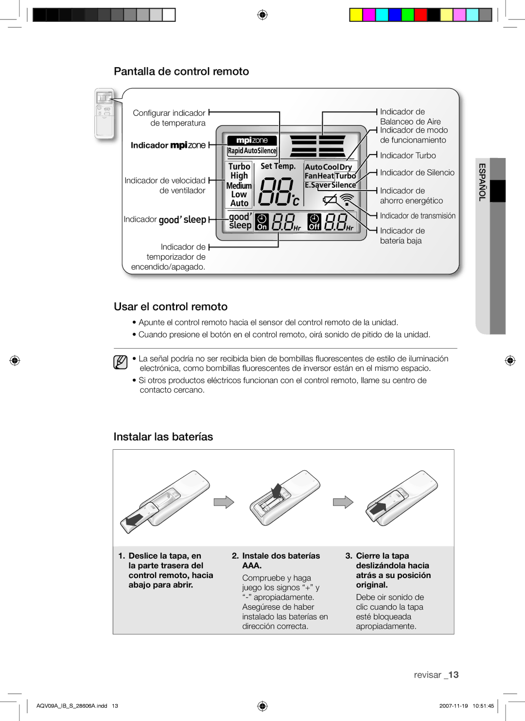 Samsung AQV12ABAX, AQV12AWAX, AQV09AWAX, AQV12AWAN Pantalla de control remoto, Usar el control remoto, Instalar las baterías 