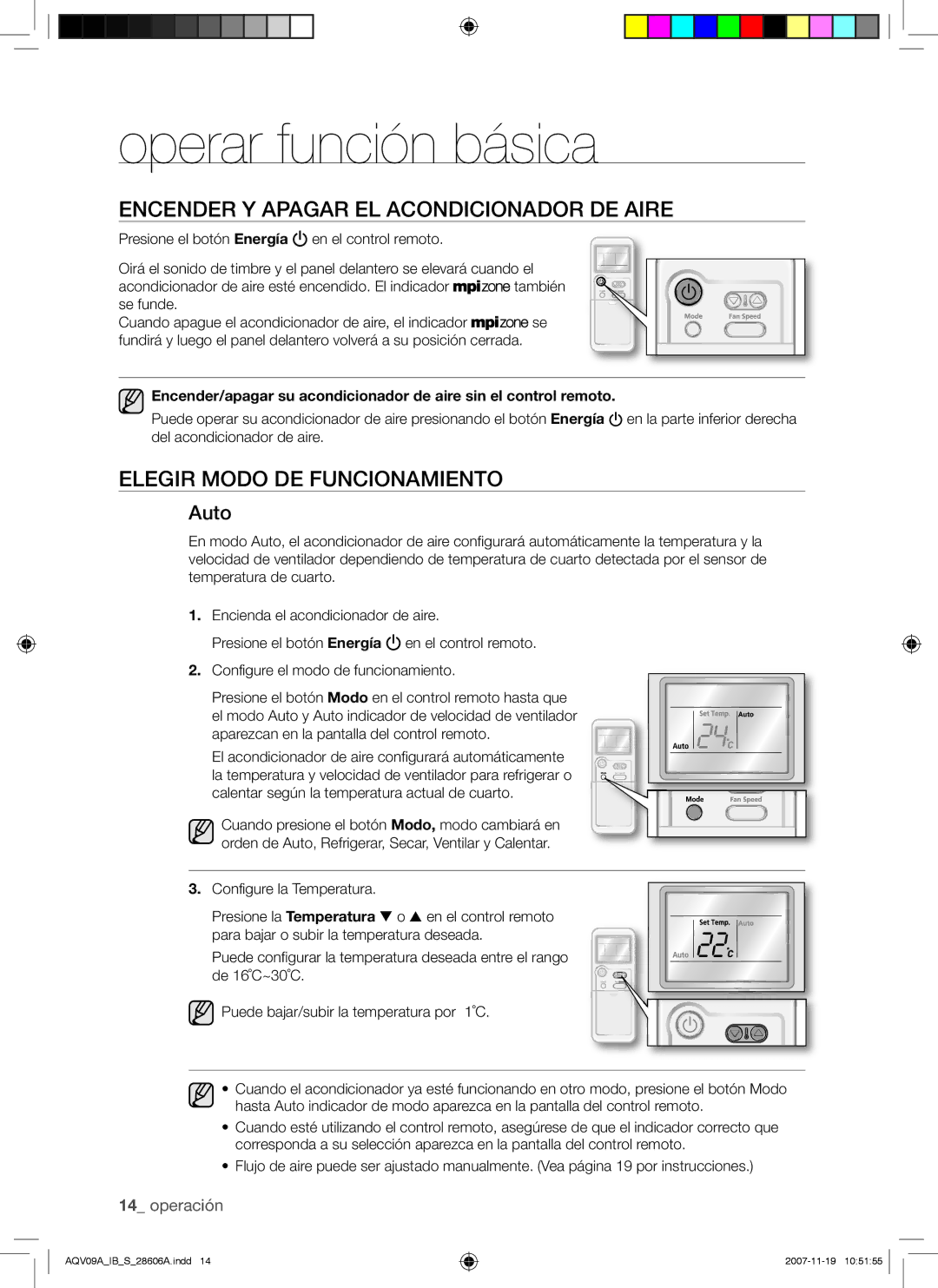 Samsung AQV09AWAN Operar función básica, Encender Y Apagar EL Acondicionador DE Aire, Elegir Modo DE Funcionamiento, Auto 