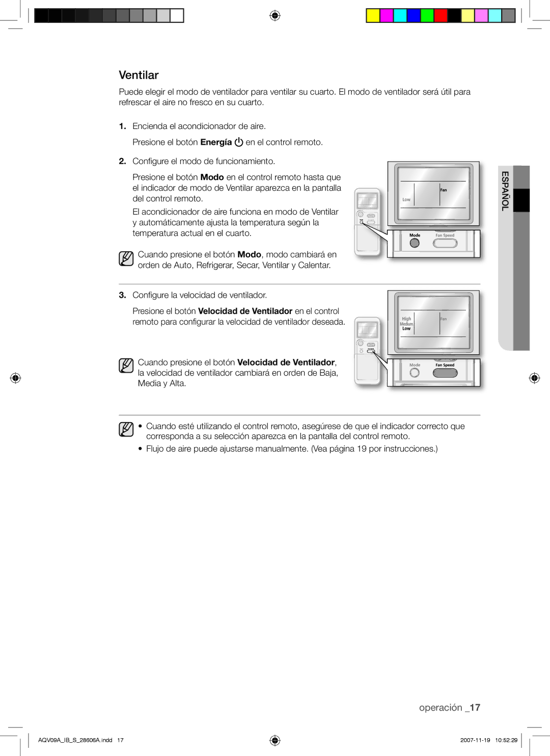 Samsung AQV12VBCN, AQV12AWAX, AQV09AWAX, AQV12AWAN, AQV12ABAX, AQV09AWAN, AQV09VBCN, AQV12VBCX, AQV12ABAN manual Ventilar 