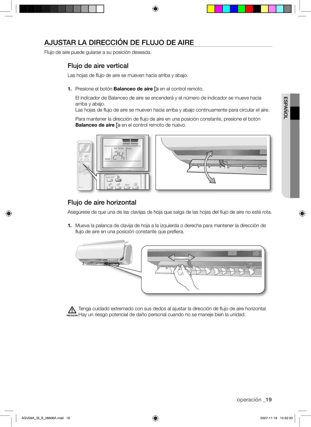 Samsung AQV12AWAX, AQV09AWAX manual Ajustar LA Dirección DE Flujo DE Aire, Flujo de aire vertical, Flujo de aire horizontal 