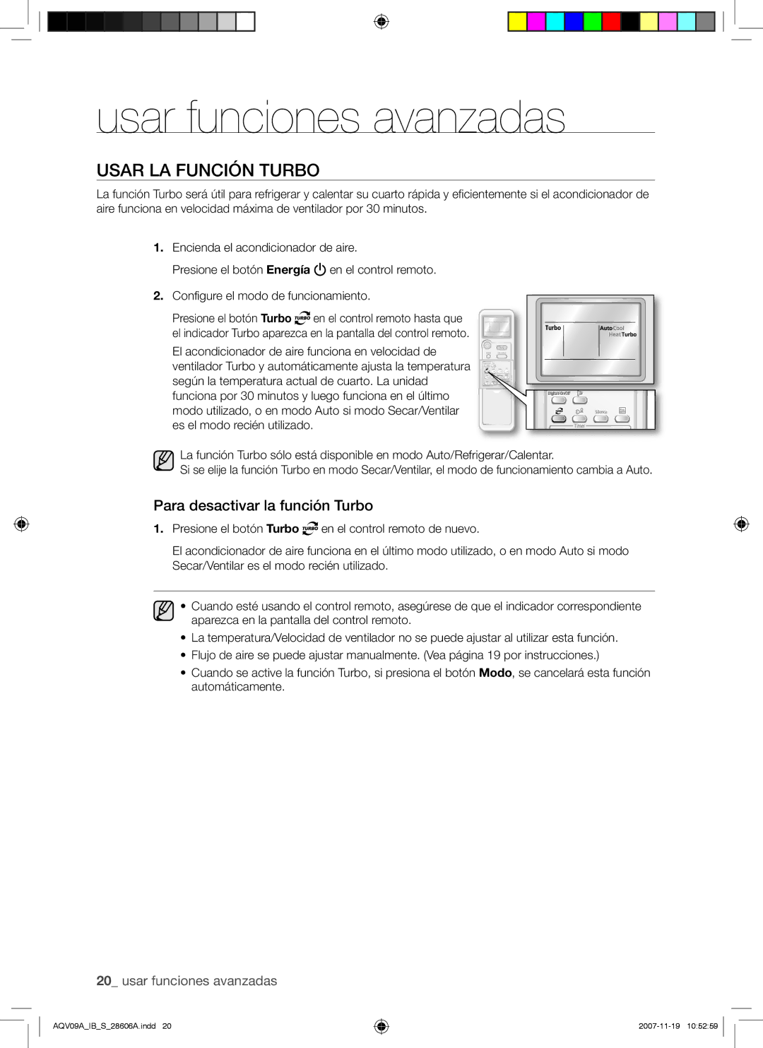 Samsung AQV09AWAX, AQV12AWAX, AQV12AWAN Usar funciones avanzadas, Usar LA Función Turbo, Para desactivar la función Turbo 