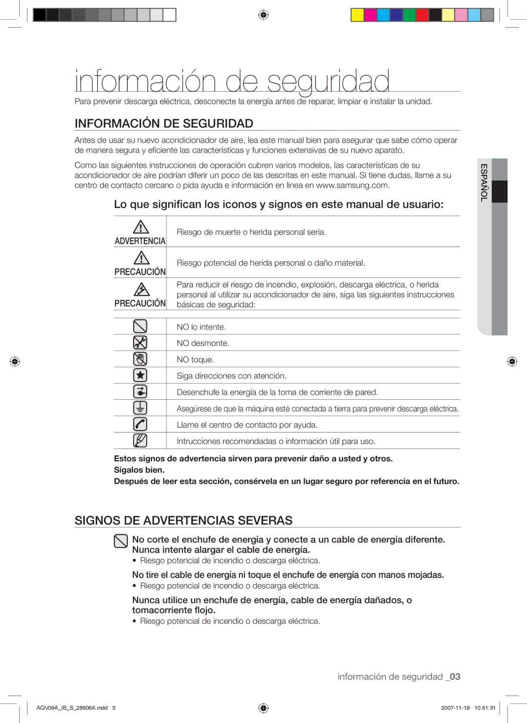 Samsung AQV12AWAN, AQV12AWAX, AQV09AWAX Información de seguridad, Información DE Seguridad, Signos DE Advertencias Severas 