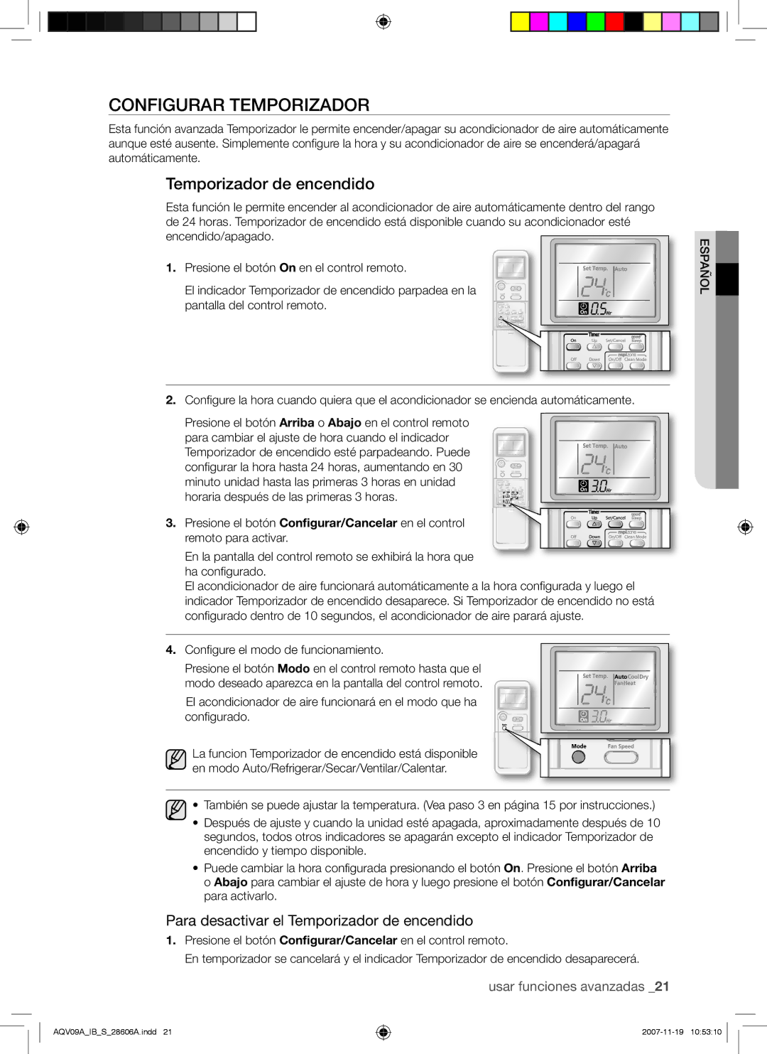 Samsung AQV12AWAN, AQV12AWAX, AQV09AWAX, AQV12ABAX Configurar Temporizador, Para desactivar el Temporizador de encendido 