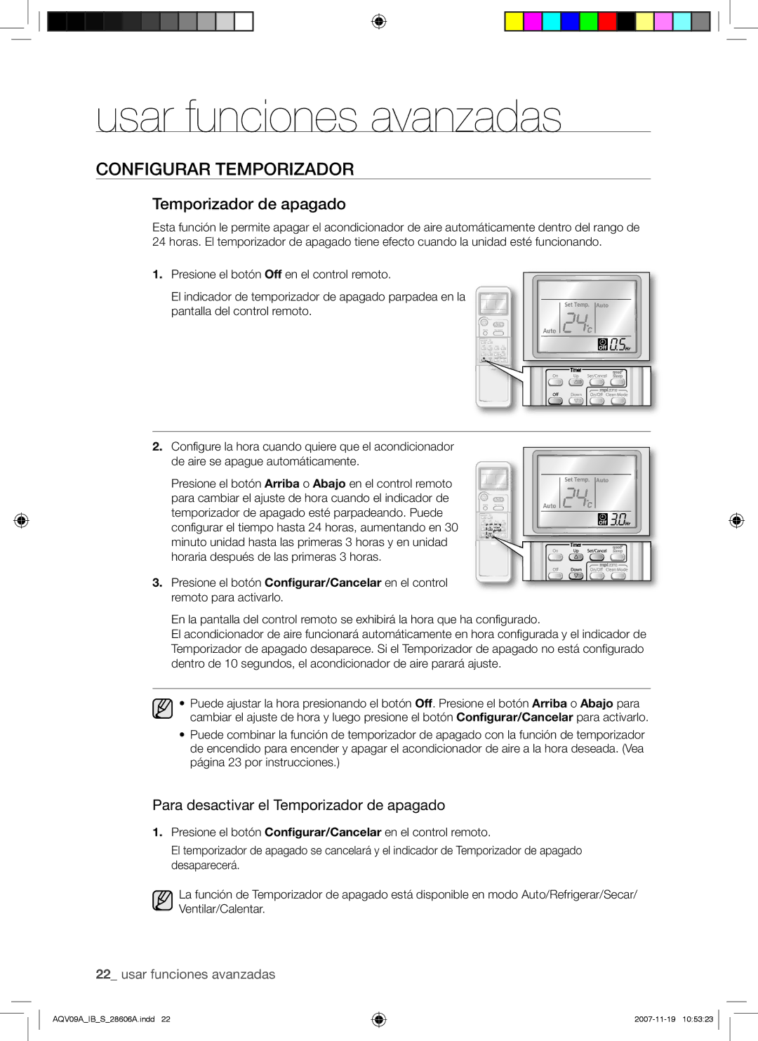 Samsung AQV12ABAX, AQV12AWAX, AQV09AWAX, AQV12AWAN, AQV09AWAN, AQV09VBCN manual Para desactivar el Temporizador de apagado 