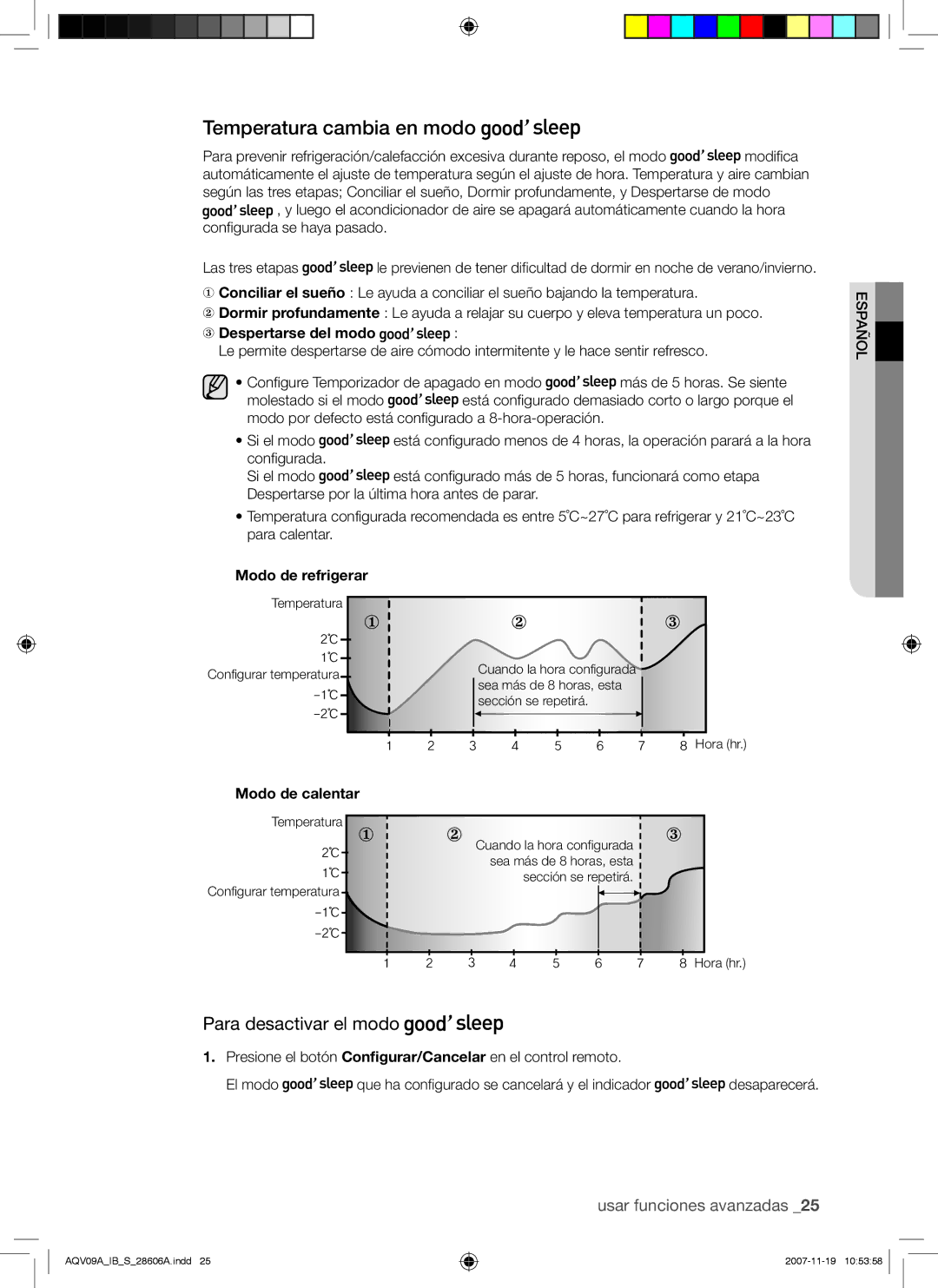 Samsung AQV12VBCX manual Temperatura cambia en modo, Para desactivar el modo, Despertarse del modo, Modo de refrigerar 