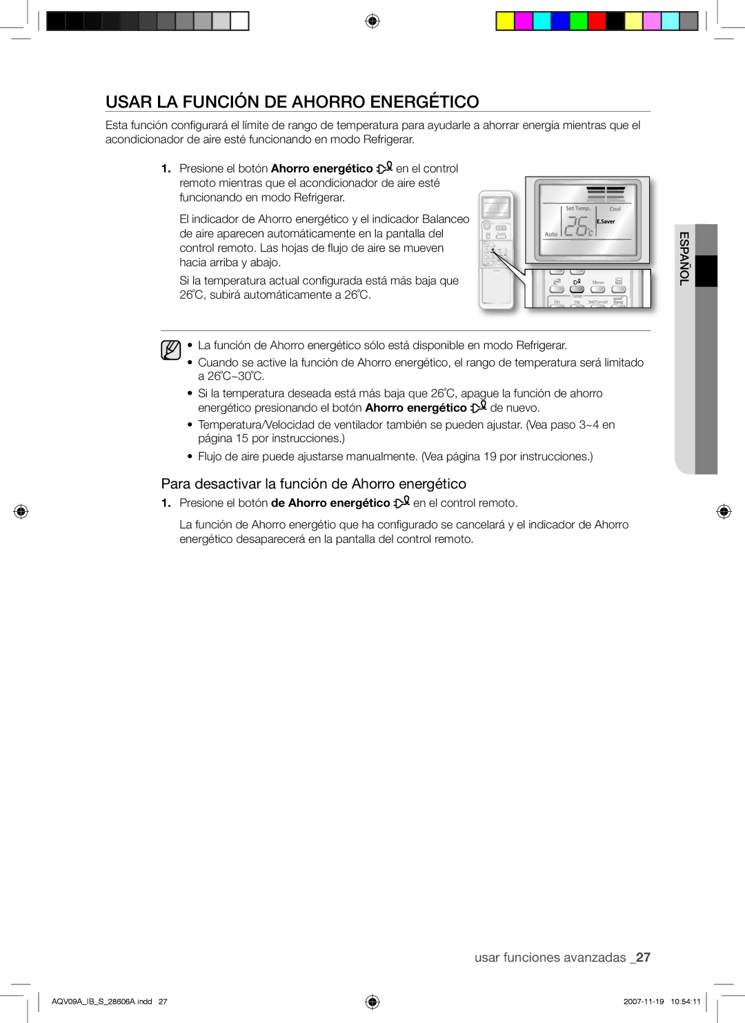 Samsung AQV12ABAN, AQV12AWAX manual Usar LA Función DE Ahorro Energético, Para desactivar la función de Ahorro energético 