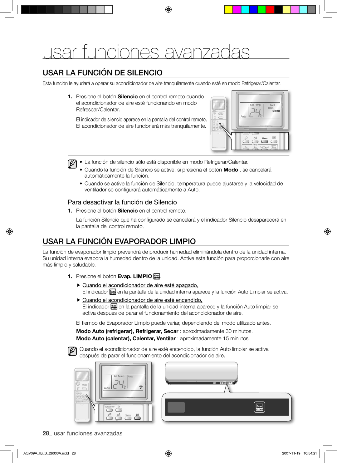 Samsung AQV12AWAX Usar LA Función DE Silencio, Usar LA Función Evaporador Limpio, Para desactivar la función de Silencio 