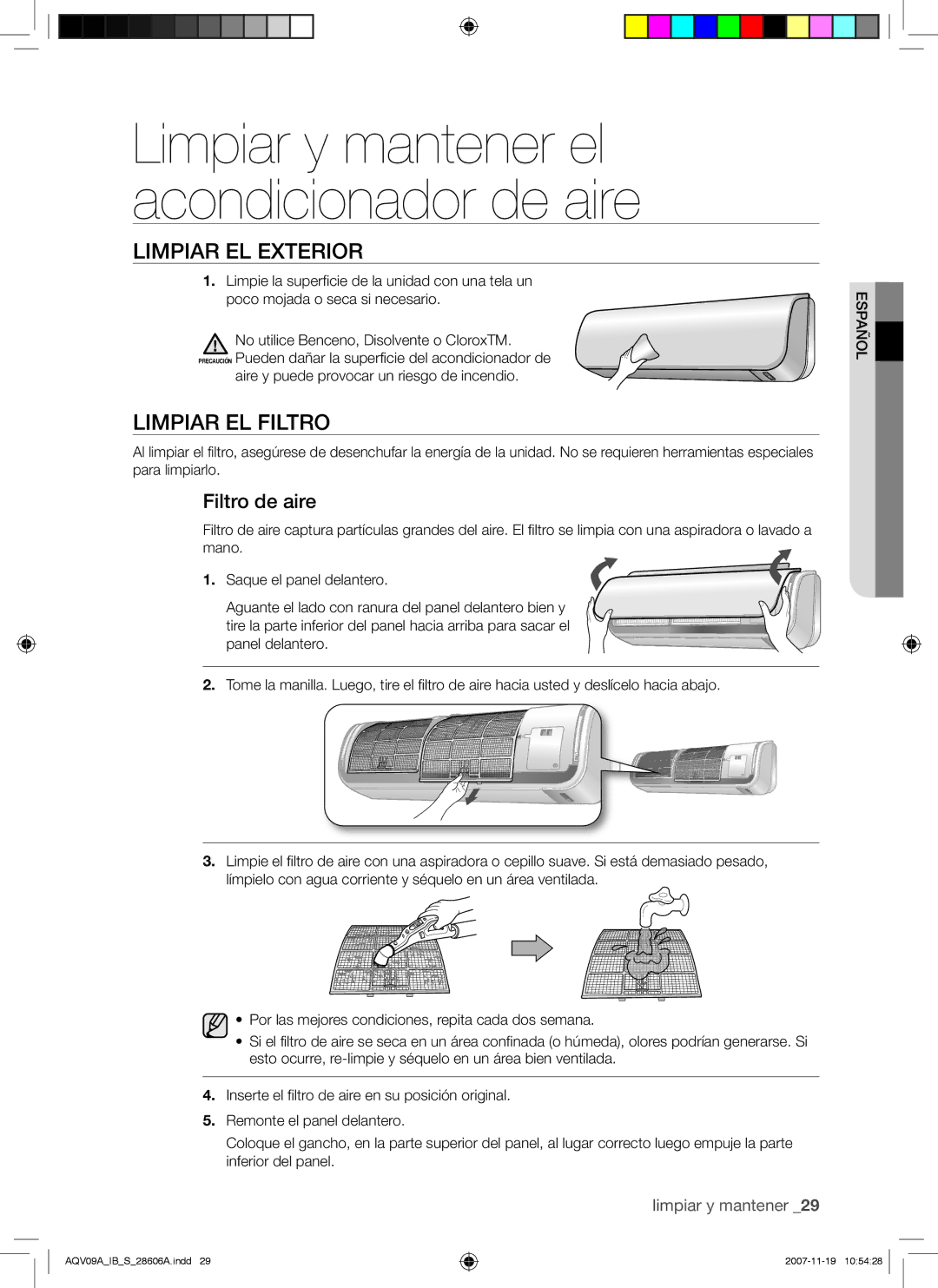 Samsung AQV09AWAX, AQV12AWAX, AQV12AWAN, AQV12ABAX, AQV09AWAN manual Limpiar EL Exterior, Limpiar EL Filtro, Filtro de aire 