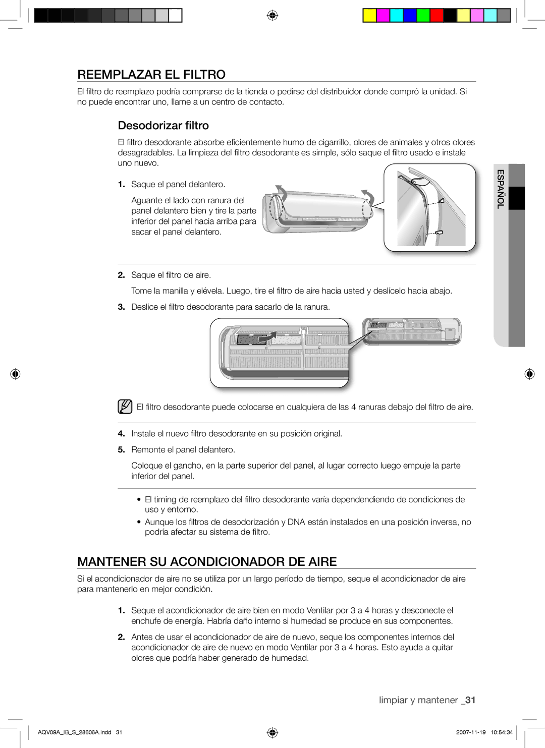 Samsung AQV12ABAX, AQV12AWAX, AQV09AWAX manual Reemplazar EL Filtro, Mantener SU Acondicionador DE Aire, Desodorizar filtro 