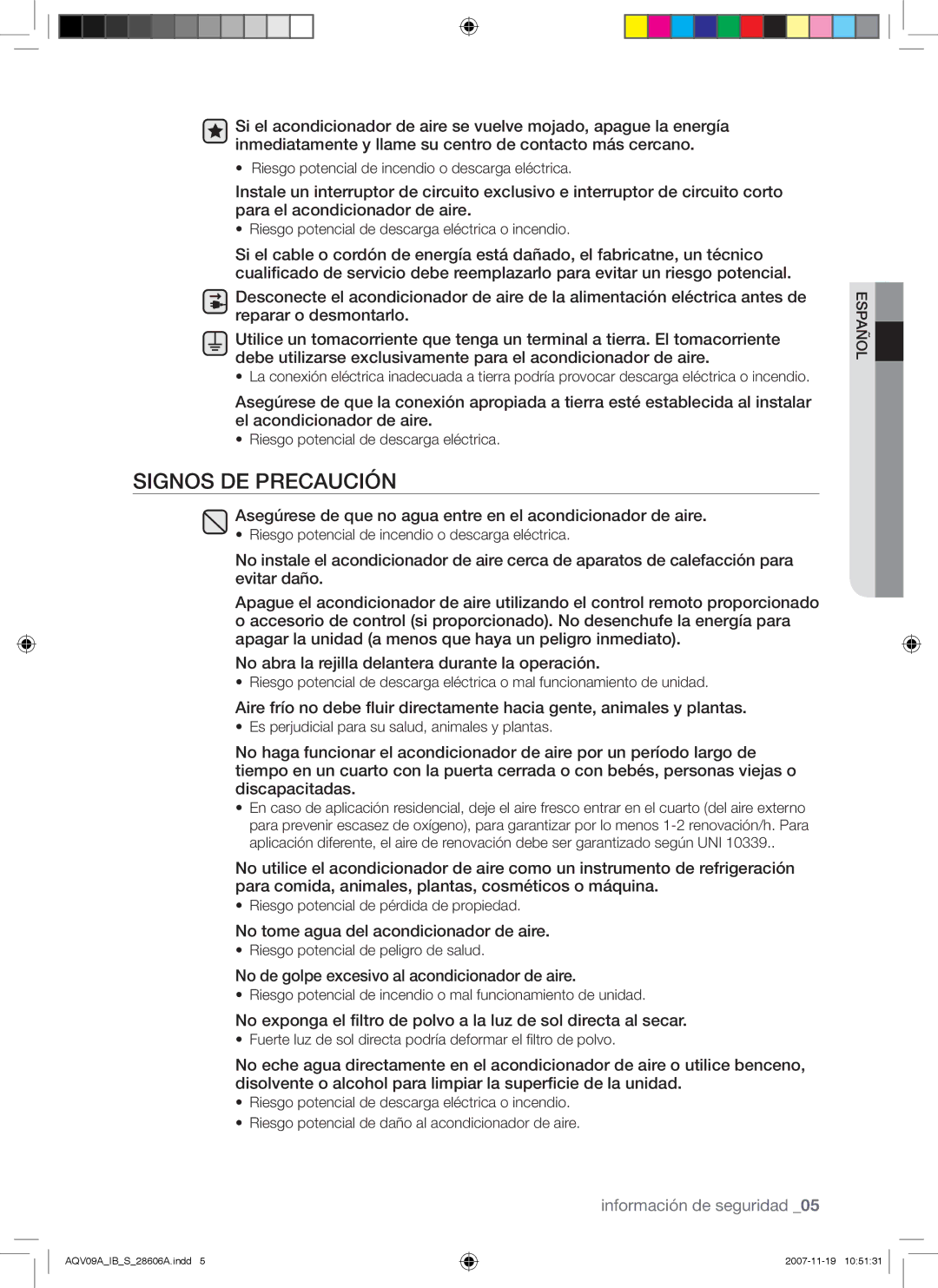 Samsung AQV09AWAN, AQV12AWAX, AQV09AWAX, AQV12AWAN, AQV12ABAX, AQV09VBCN, AQV12VBCX, AQV12VBCN, AQV12ABAN Signos DE Precaución 