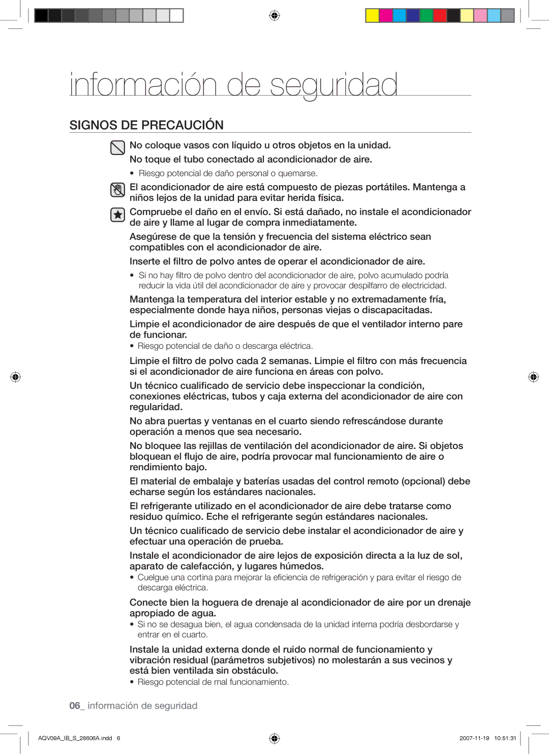 Samsung AQV09VBCN, AQV12AWAX, AQV09AWAX, AQV12AWAN, AQV12ABAX, AQV09AWAN manual Riesgo potencial de daño personal o quemarse 