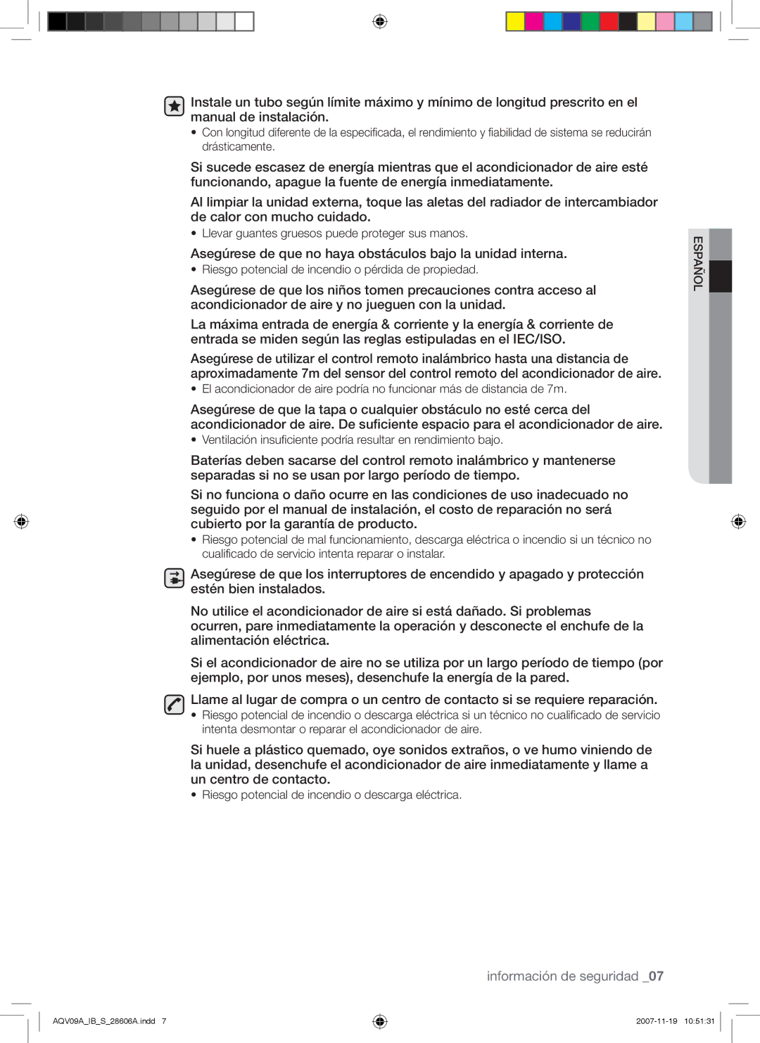 Samsung AQV12VBCX, AQV12AWAX, AQV09AWAX, AQV12AWAN, AQV12ABAX manual Asegúrese de que no haya obstáculos bajo la unidad interna 