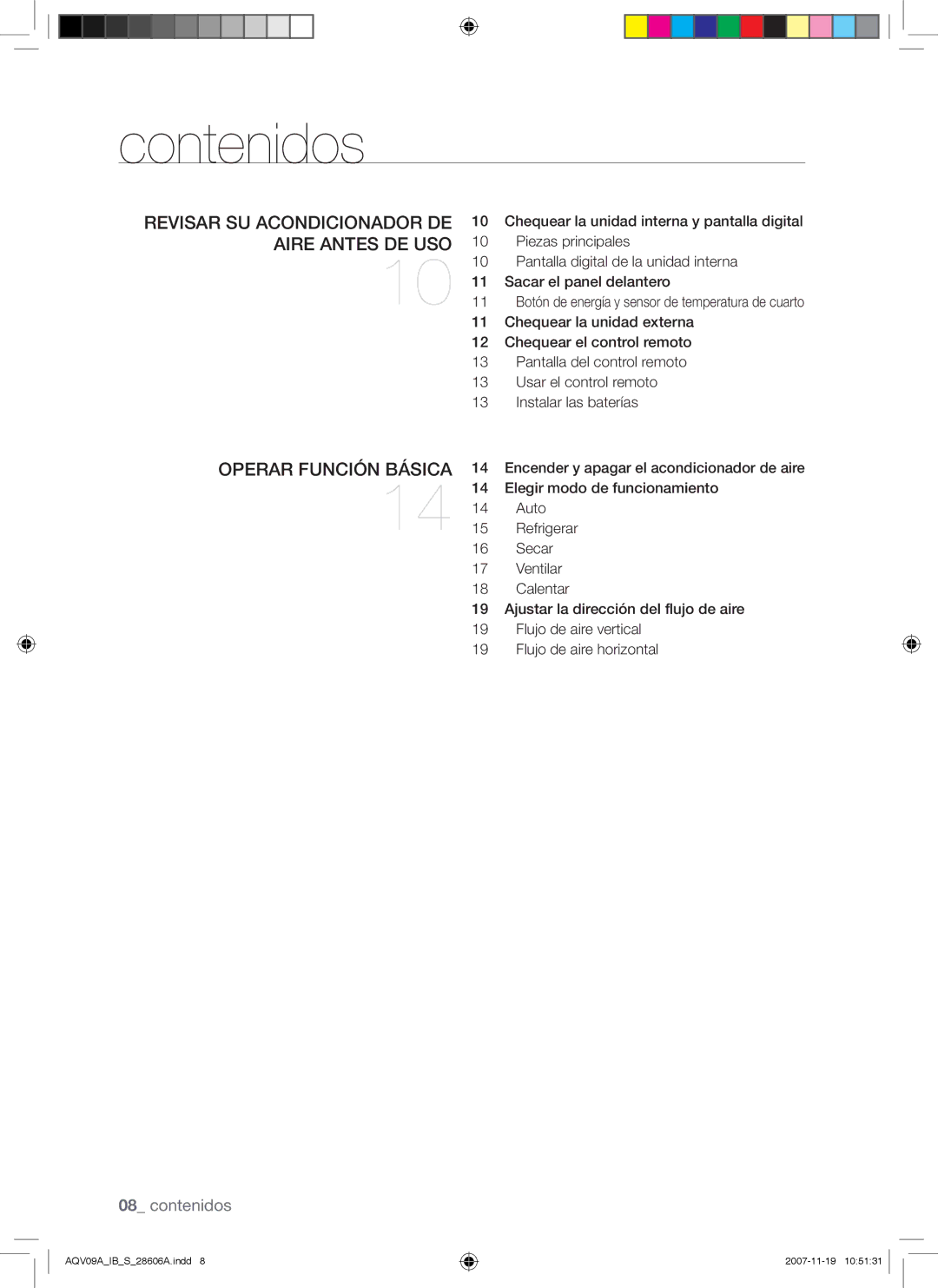 Samsung AQV12VBCN, AQV12AWAX, AQV09AWAX, AQV12AWAN, AQV12ABAX manual Contenidos, Revisar SU Acondicionador DE Aire Antes DE USO 