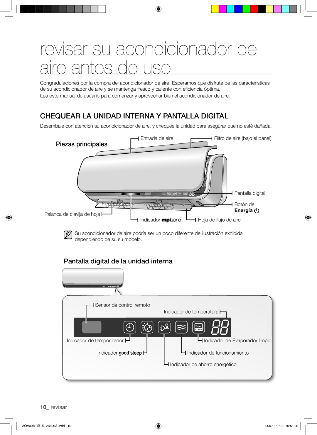 Samsung AQV12AWAX Revisar su acondicionador de aire antes de uso, Chequear LA Unidad Interna Y Pantalla Digital, Energía 