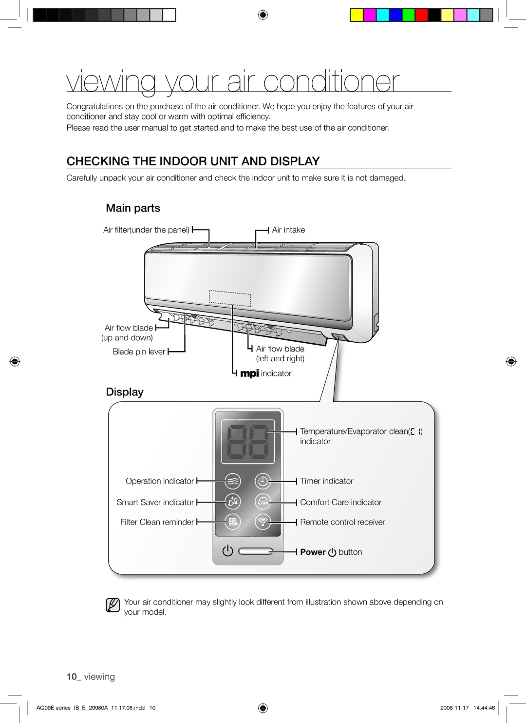 Samsung AQV12EWAN, AQV12EWAX Viewing your air conditioner, Checking the Indoor Unit and Display, Main parts, Power button 