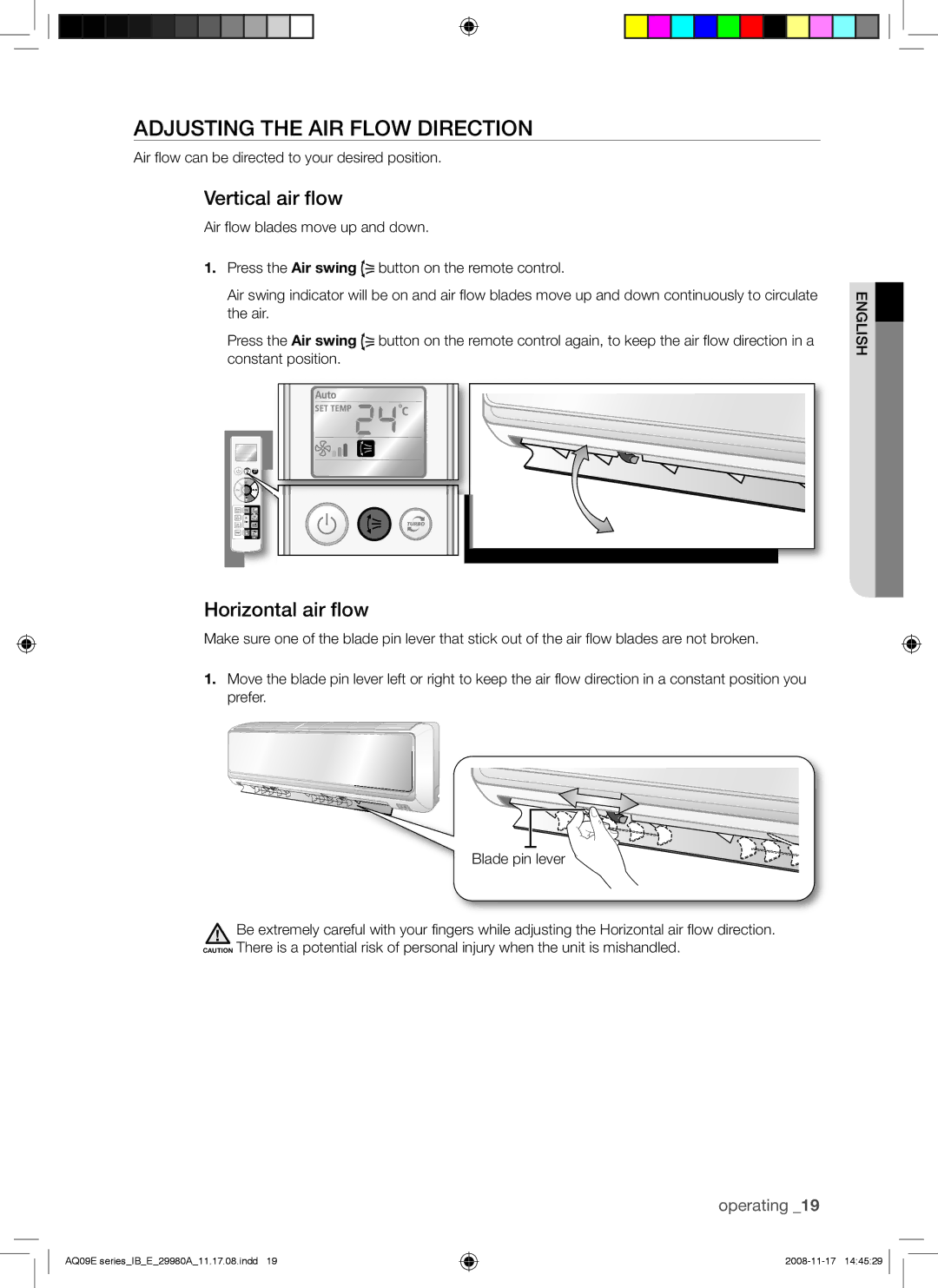 Samsung AQV09EWANSER, AQV12EWAN, AQV12EWAX manual Adjusting the AIR Flow Direction, Vertical air flow, Horizontal air flow 