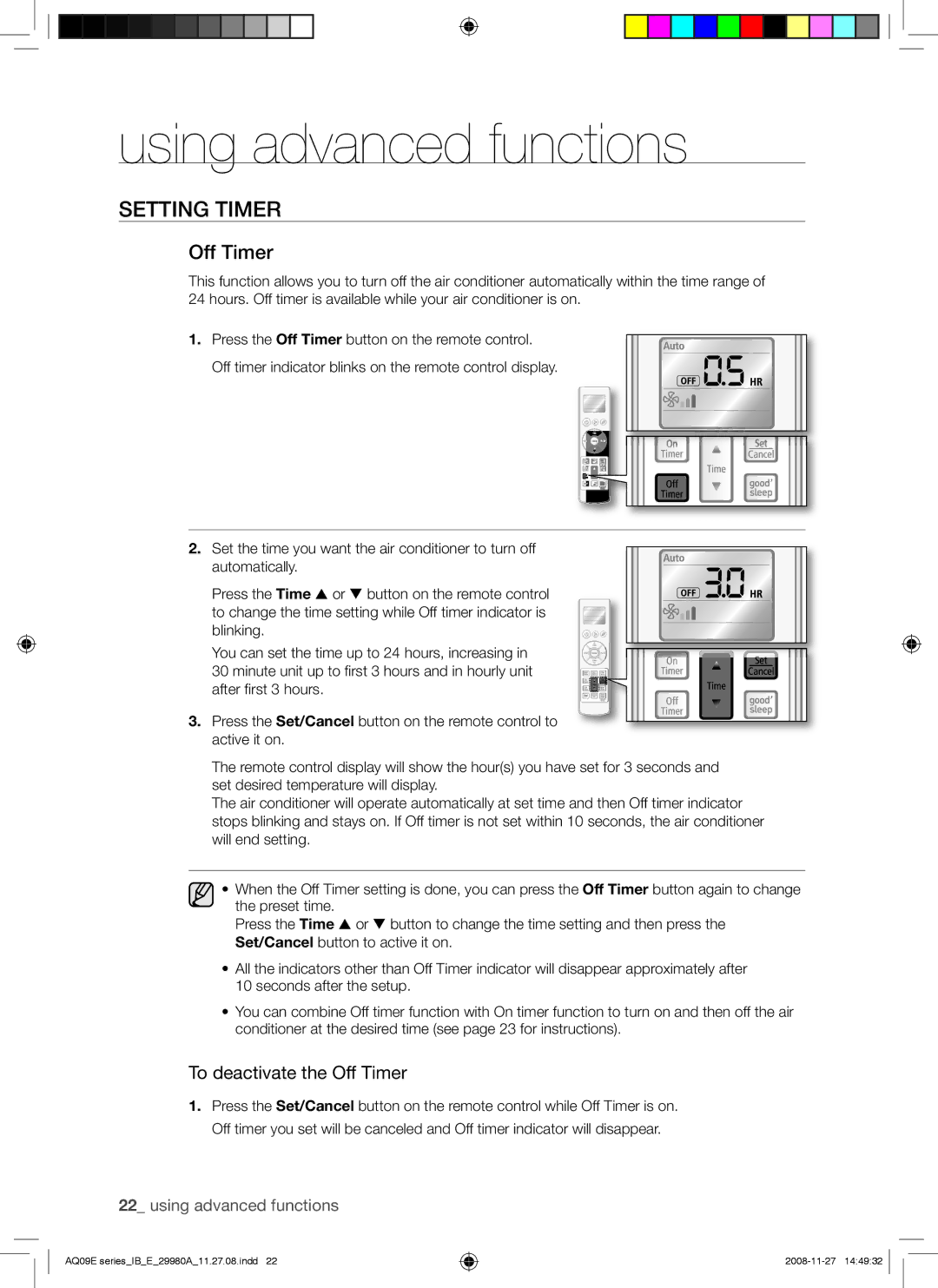 Samsung AQV09EWAX, AQV12EWAN, AQV12EWAX, AQV09EWANSER manual To deactivate the Off Timer 