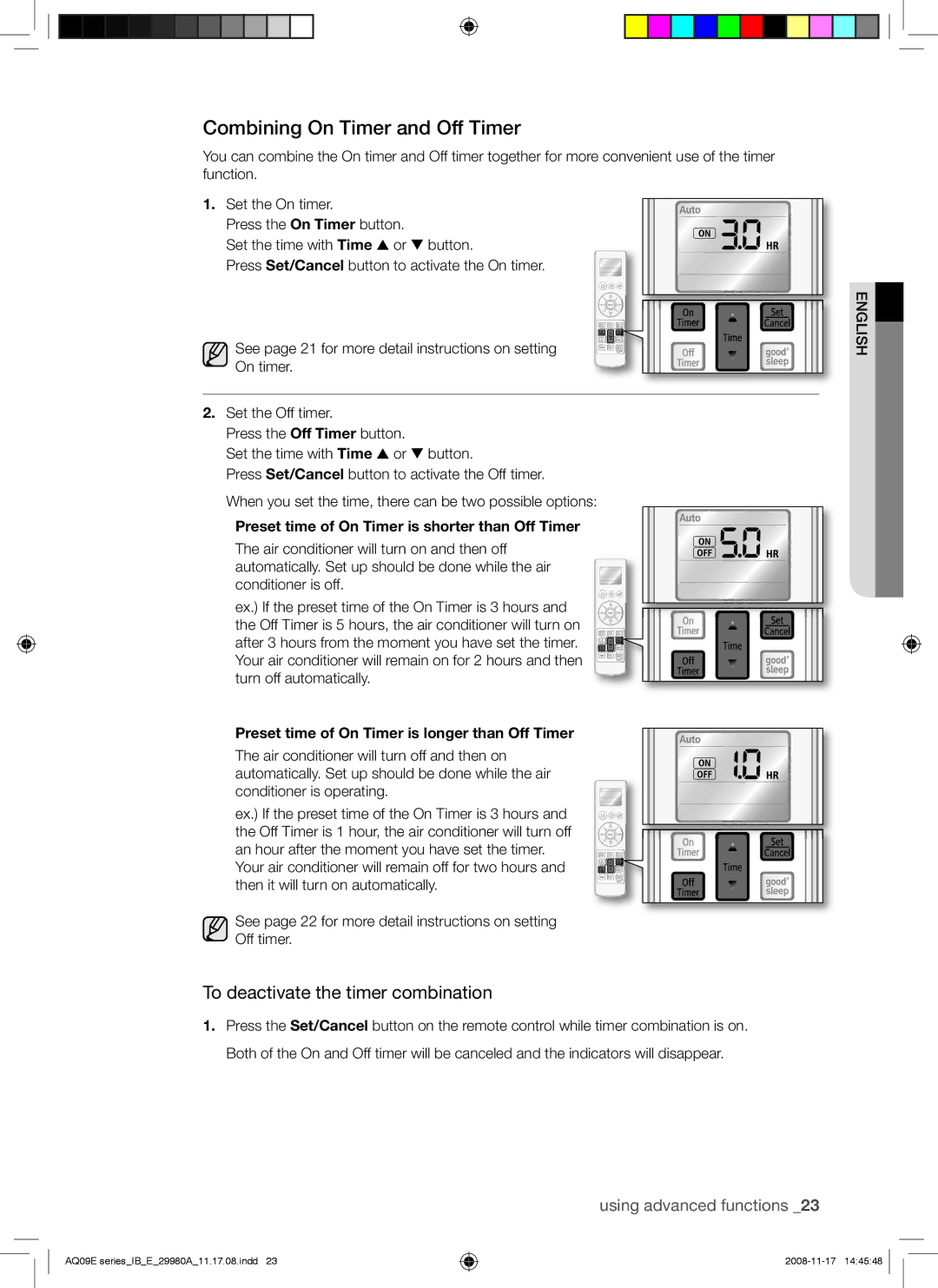 Samsung AQV09EWAN, AQV12EWAN, AQV12EWAX, AQV09EWAX Combining On Timer and Off Timer, To deactivate the timer combination 