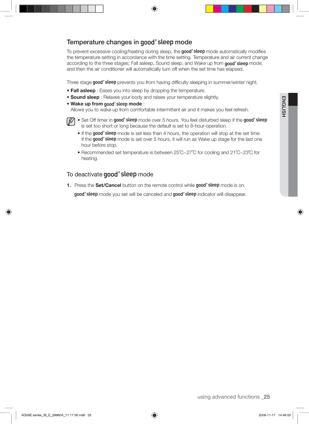 Samsung AQV12EWAN, AQV12EWAX, AQV09EWAX, AQV09EWAN manual Temperature changes in mode, To deactivate mode, Wake up from mode 