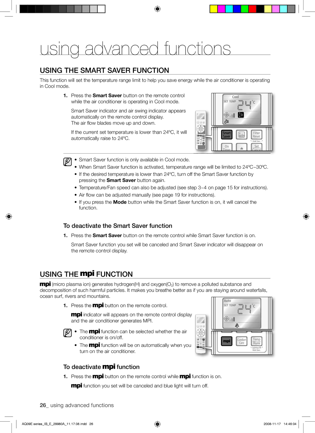 Samsung AQV12EWAX, AQV12EWAN Using the Smart Saver Function, Using the Function, To deactivate the Smart Saver function 