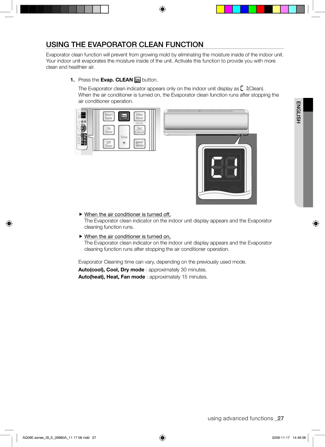 Samsung AQV09EWAX, AQV12EWAN manual Using the Evaporator Clean Function, Autoheat, Heat, Fan mode approximately 15 minutes 