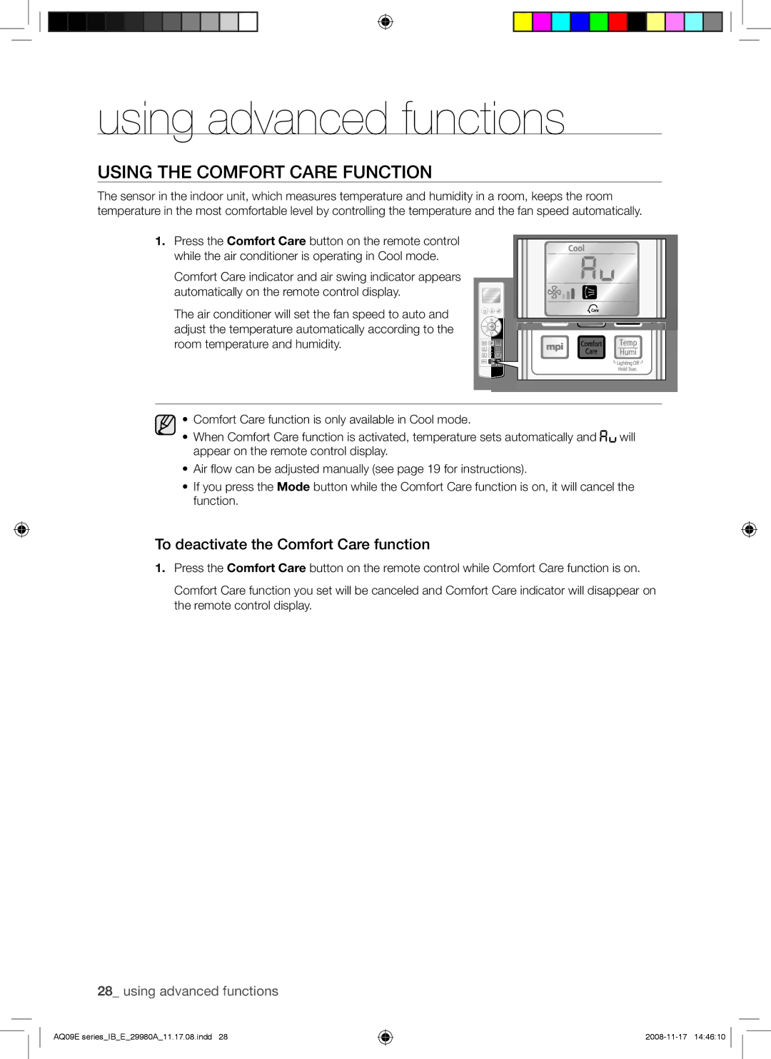 Samsung AQV09EWAN, AQV12EWAN, AQV12EWAX, AQV09EWAX Using the Comfort Care Function, To deactivate the Comfort Care function 