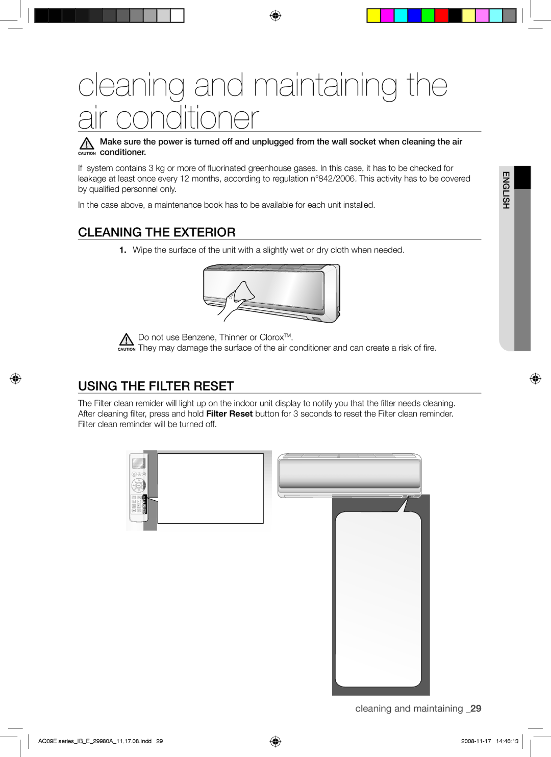 Samsung AQV09EWANSER manual Cleaning and maintaining the air conditioner, Cleaning the Exterior, Using the Filter Reset 