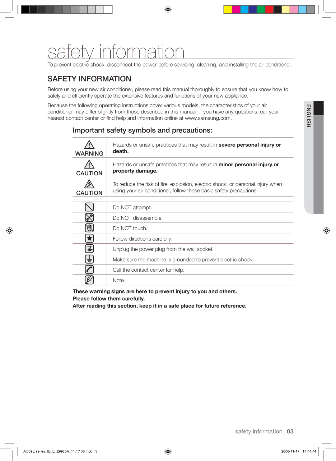 Samsung AQV09EWAN Safety information, Safety Information, Important safety symbols and precautions, Death, Property damage 