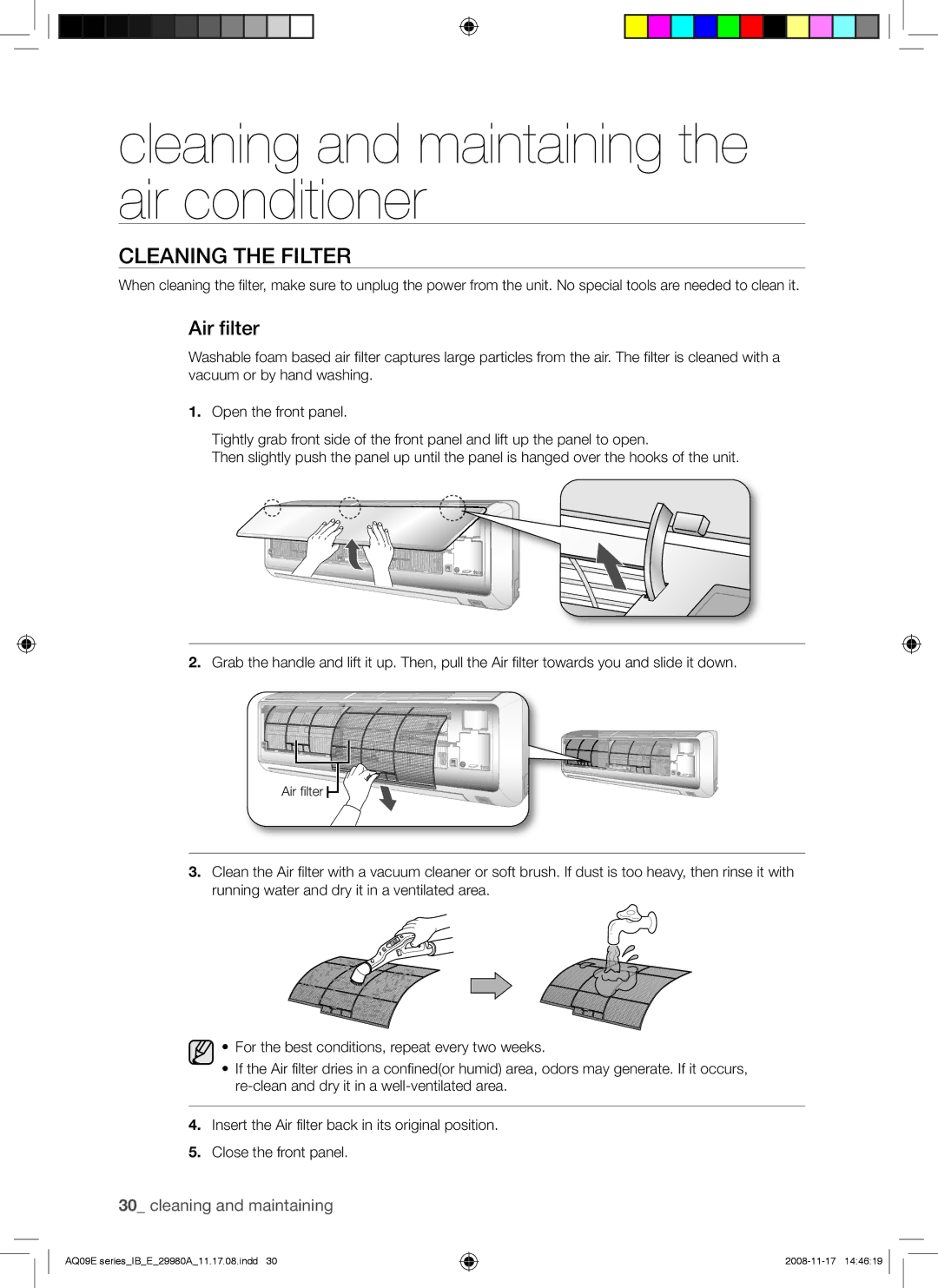 Samsung AQV12EWAN, AQV12EWAX, AQV09EWAX, AQV09EWANSER manual Cleaning the Filter, Air filter 