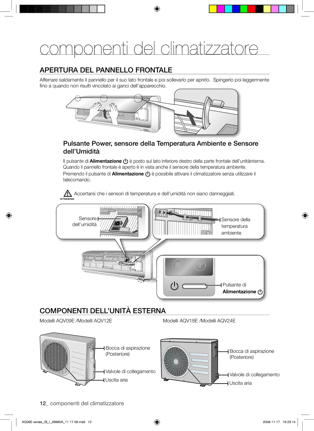 Samsung AQV12EWAN, AQV12EWAX Componenti del climatizzatore, Apertura DEL Pannello Frontale, Componenti DELL’UNITÀ Esterna 