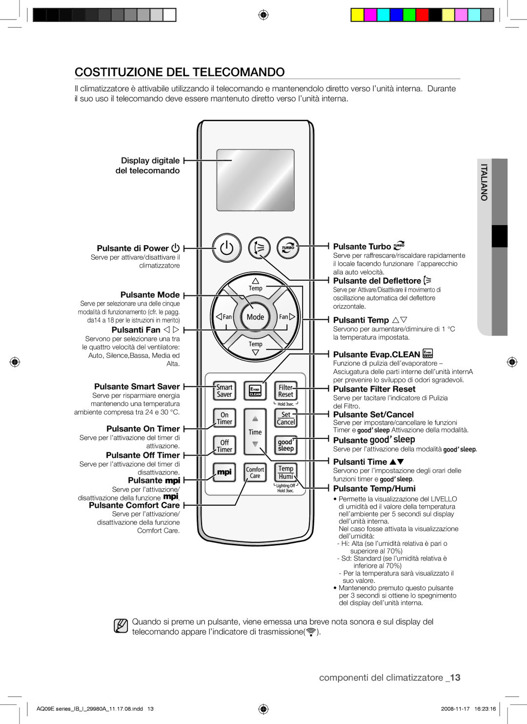 Samsung AQV12EWAX, AQV12EWAN, AQV09EWAX, AQV09EWAN manual Costituzione DEL Telecomando, Pulsante Mode 