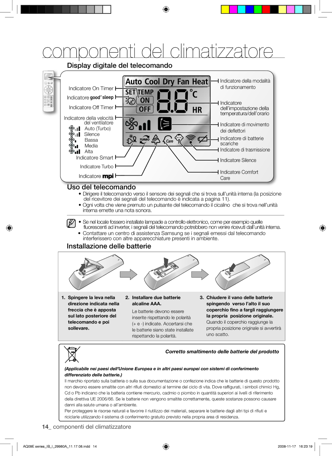 Samsung AQV09EWAX, AQV12EWAN, AQV12EWAX Display digitale del telecomando, Uso del telecomando, Installazione delle batterie 