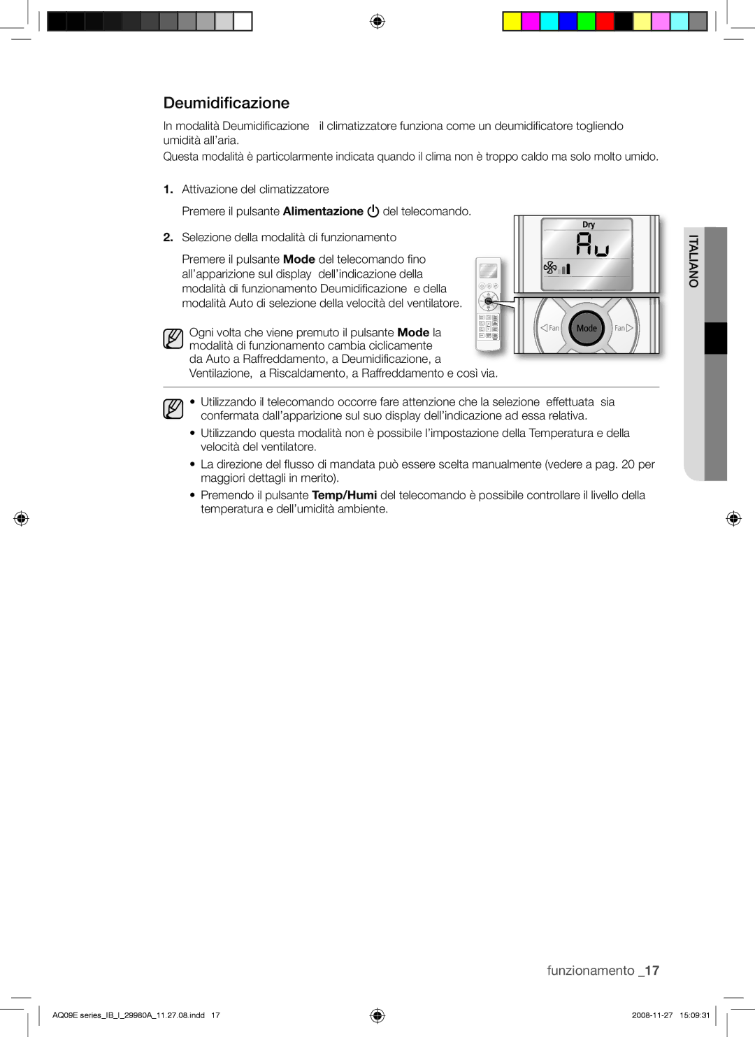 Samsung AQV12EWAX, AQV12EWAN, AQV09EWAX, AQV09EWAN manual Deumidificazione 