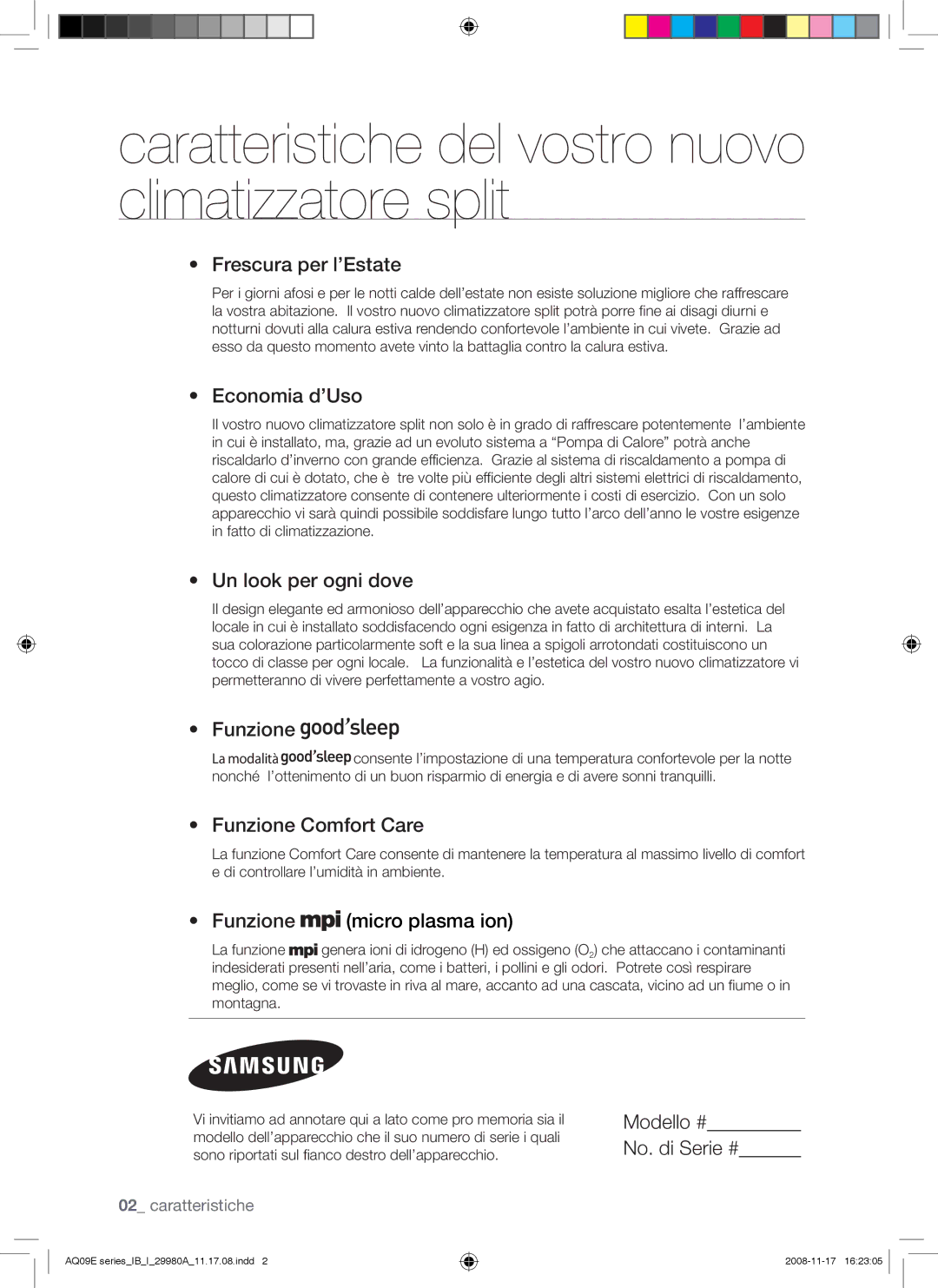 Samsung AQV09EWAX, AQV12EWAN, AQV12EWAX, AQV09EWAN manual Caratteristiche del vostro nuovo climatizzatore split 