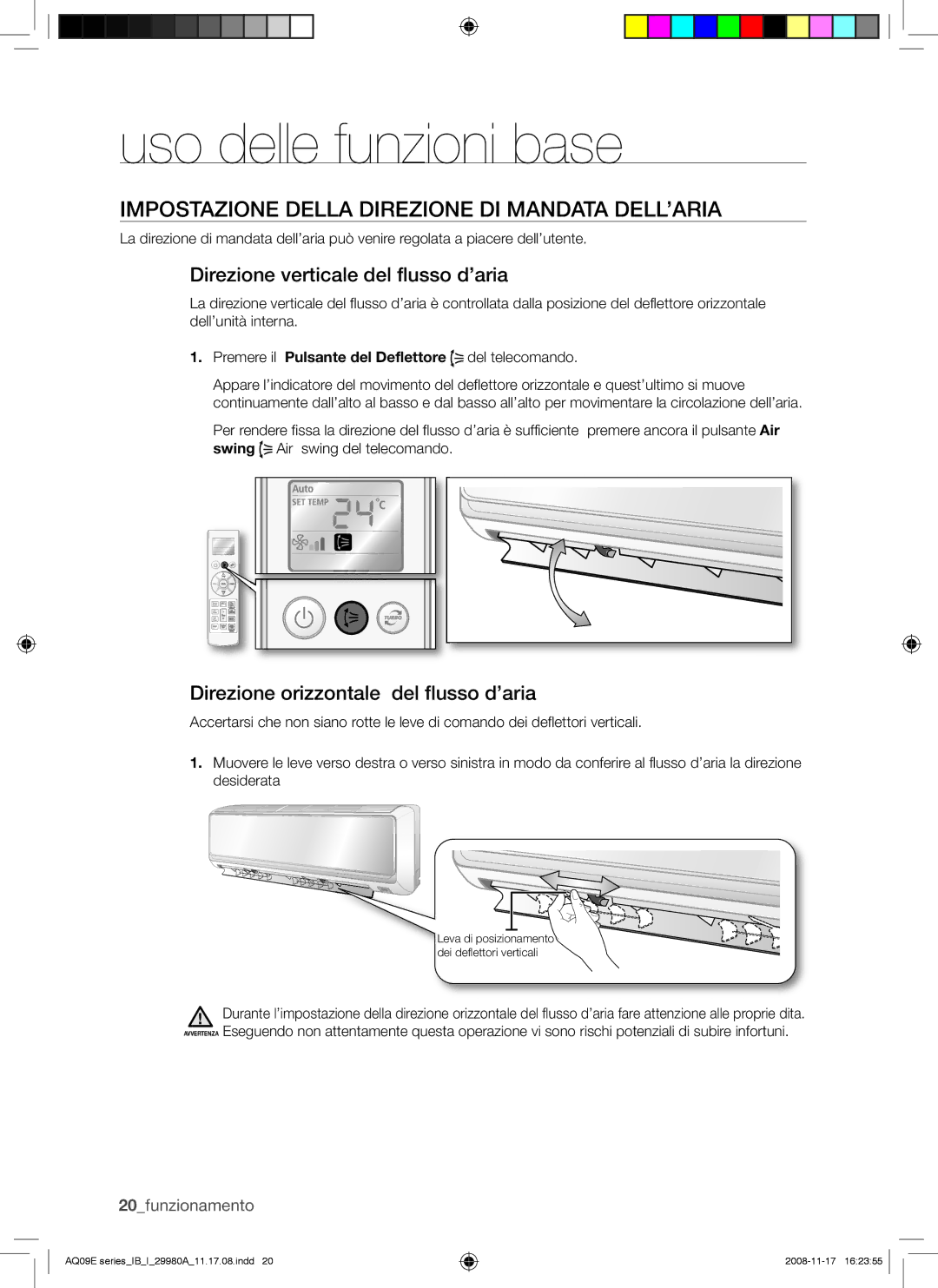 Samsung AQV12EWAN, AQV12EWAX manual Impostazione Della Direzione DI Mandata DELL’ARIA, Direzione verticale del flusso d’aria 