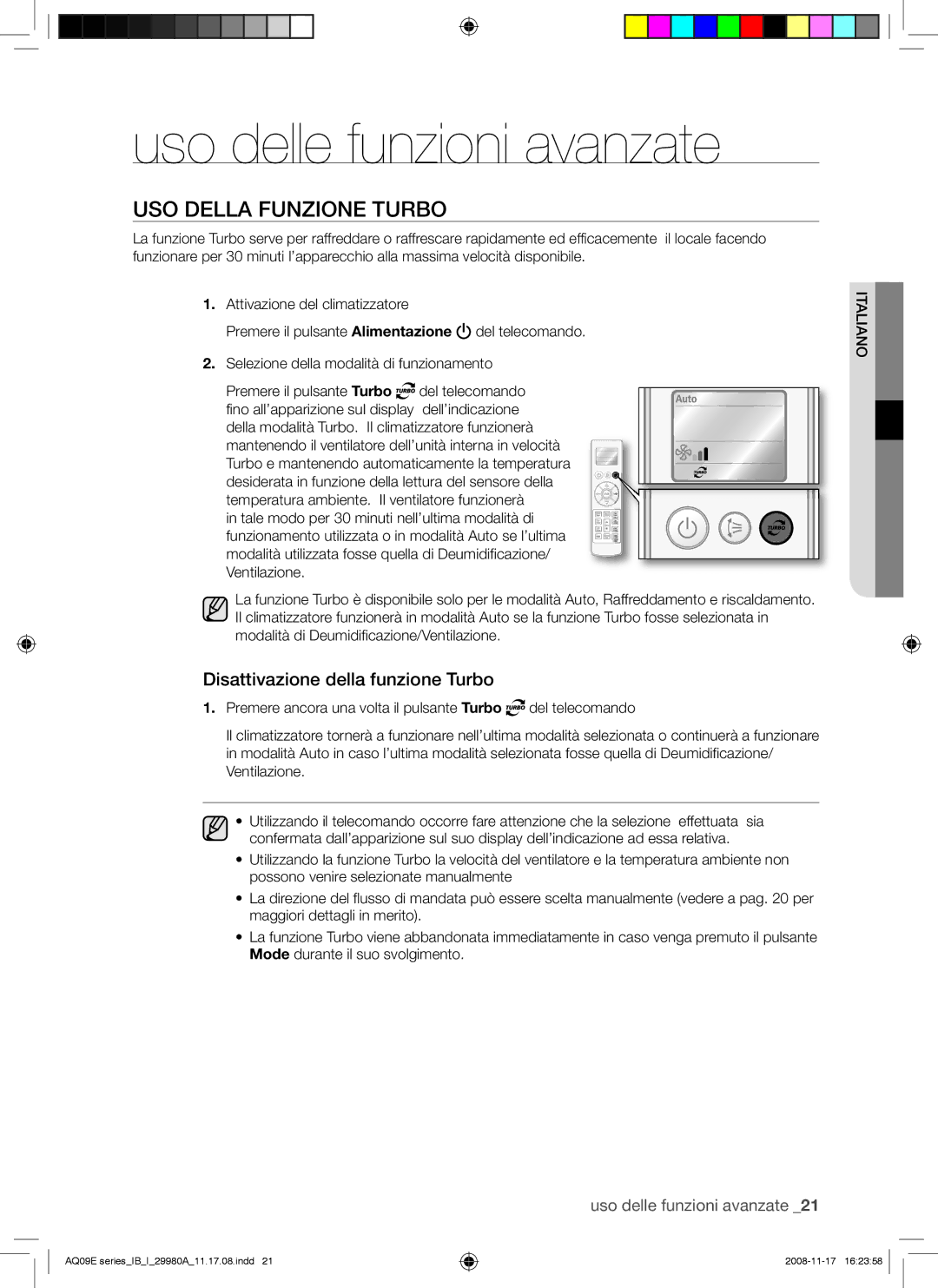 Samsung AQV12EWAX, AQV12EWAN, AQV09EWAX, AQV09EWAN manual Uso delle funzioni avanzate, USO Della Funzione Turbo 