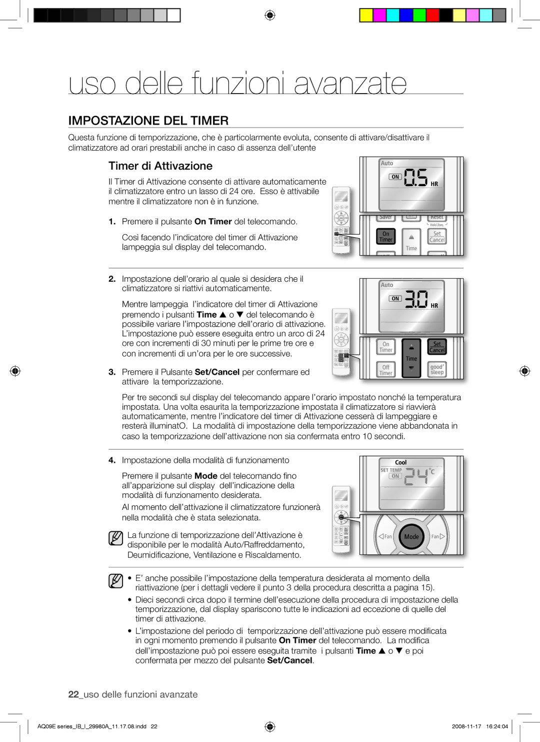 Samsung AQV09EWAX, AQV12EWAN Impostazione DEL Timer, Timer di Attivazione, Deumidificazione, Ventilazione e Riscaldamento 