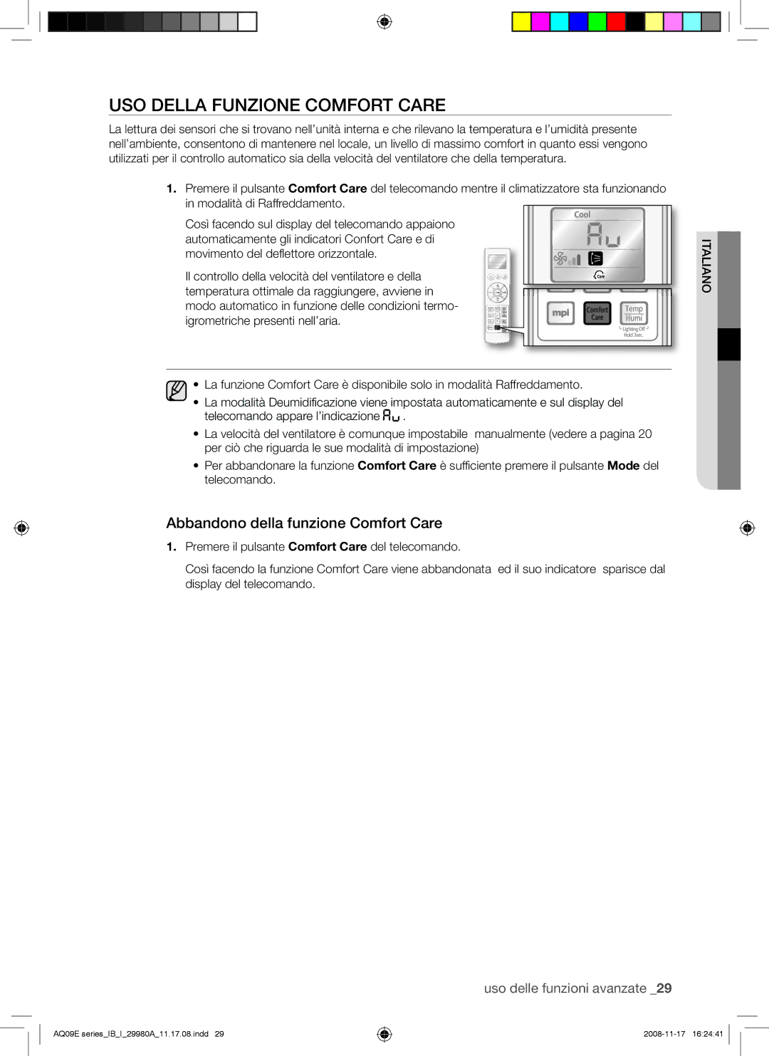 Samsung AQV12EWAX, AQV12EWAN, AQV09EWAX, AQV09EWAN USO Della Funzione Comfort Care, Abbandono della funzione Comfort Care 